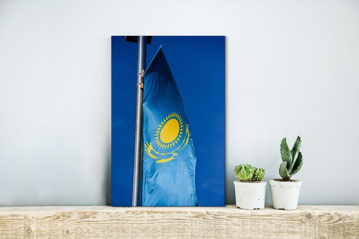 bespannt Leinwandbild Leinwandbild inkl. fertig St), Gemälde, (1 von Flagge Zackenaufhänger, Kasachstan, OneMillionCanvasses® 20x30 cm