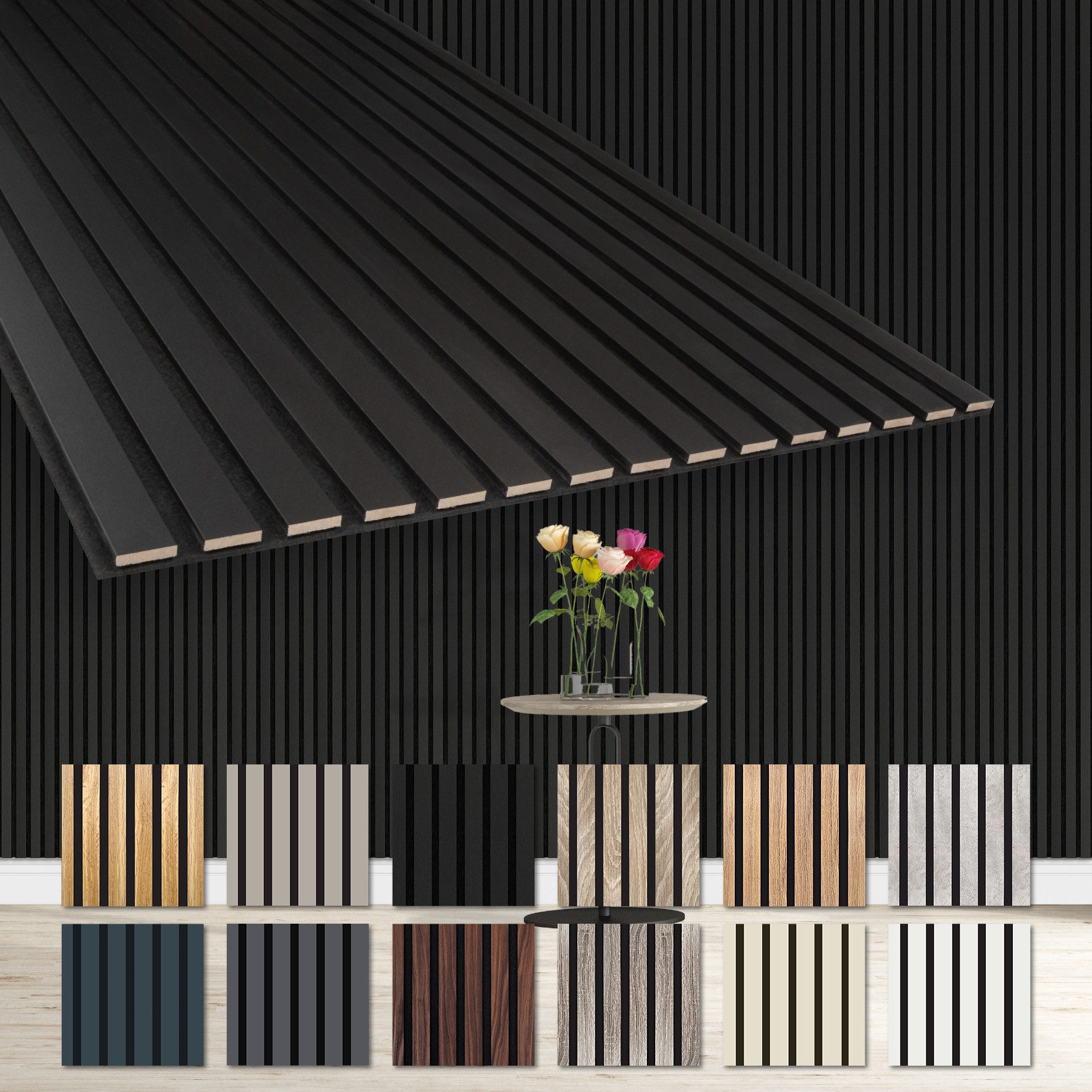 Hexim Wanddekoobjekt AP12 (Akustikpaneele 278x60cm - flexible Lamellenwand Holz MDF Wandpaneele Lamellenverkleidung Wandverkleidung Innendekoration schalldämmend (1 Paneel / 1,67 m² Black Edition - AP12)