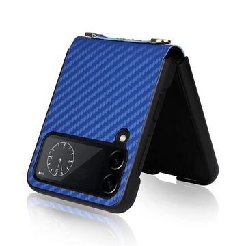 Wigento Handyhülle Für Samsung Galaxy Z Flip4 5G Kunstleder / Kunststoff Kohlefaser Struktur Handy Tasche Hülle Etuis Blau