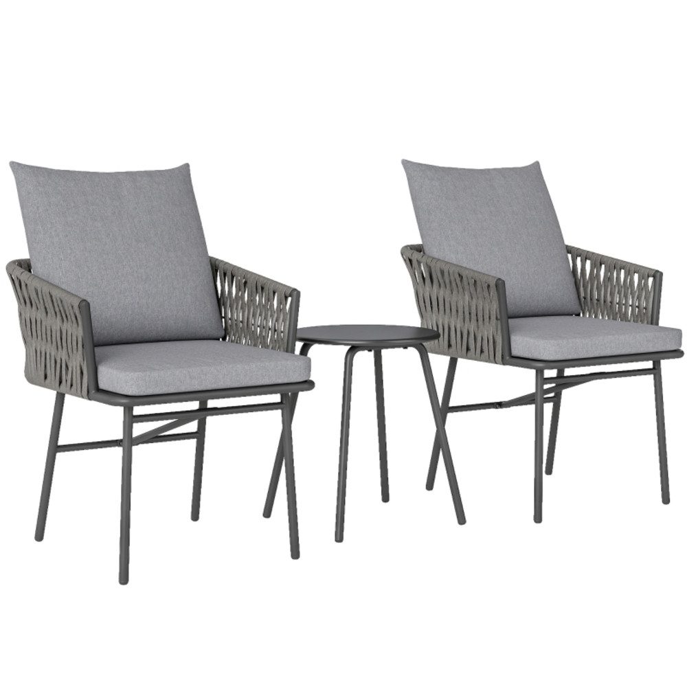 REDOM Sitzgruppe Graues 3-tlg. Rattan-Set Ø 40x49 cm aus Stahl, (Set, 3-tlg., Kompakte Garnitur – ideal für kleine Außenbereiche), 2 Gartensessel + Couchtisch, Kissen abnehmbar