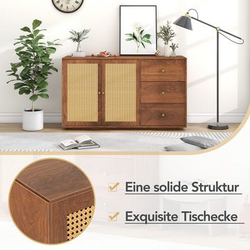 Ulife Sideboard im Vintage-Stil mit 2 Rattantüren und 3 Schubladen, 130x 40x 76cm