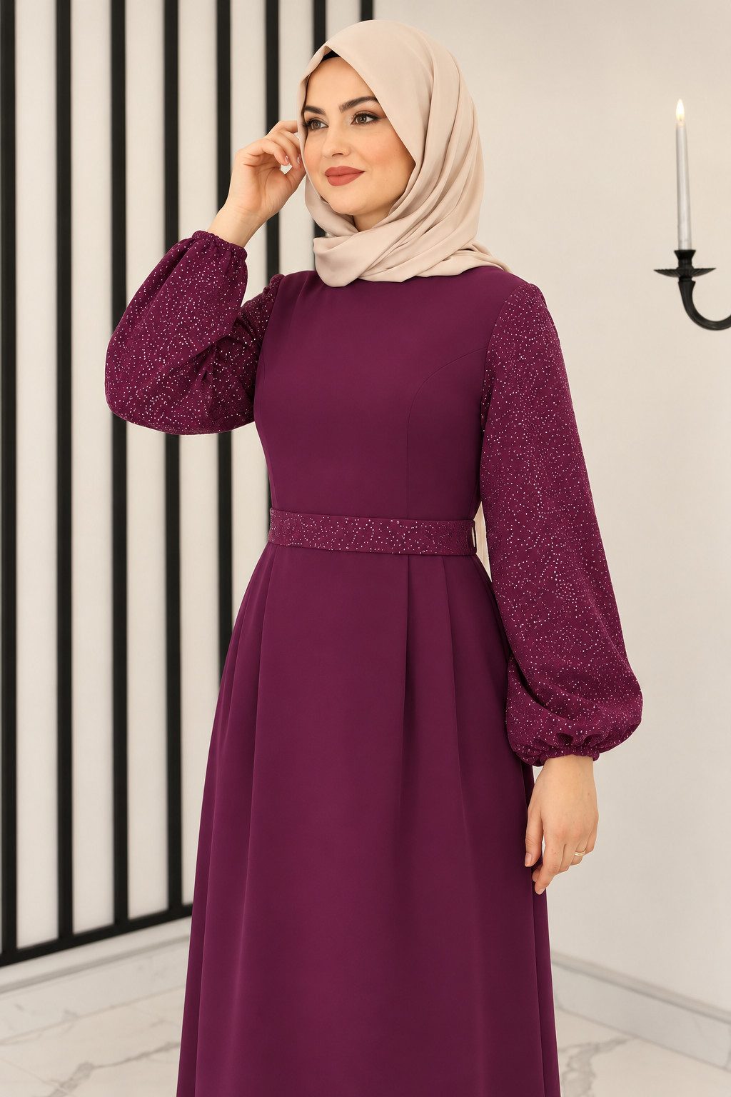 fashionshowcase Maxikleid Damen festlich A-Linie Krepp mit Pailletten Ärmeln gefüttert lang festlicher Look, Taillendetail, gefüttert, fällt 1 Größe kleiner aus – Bild 2 von 5