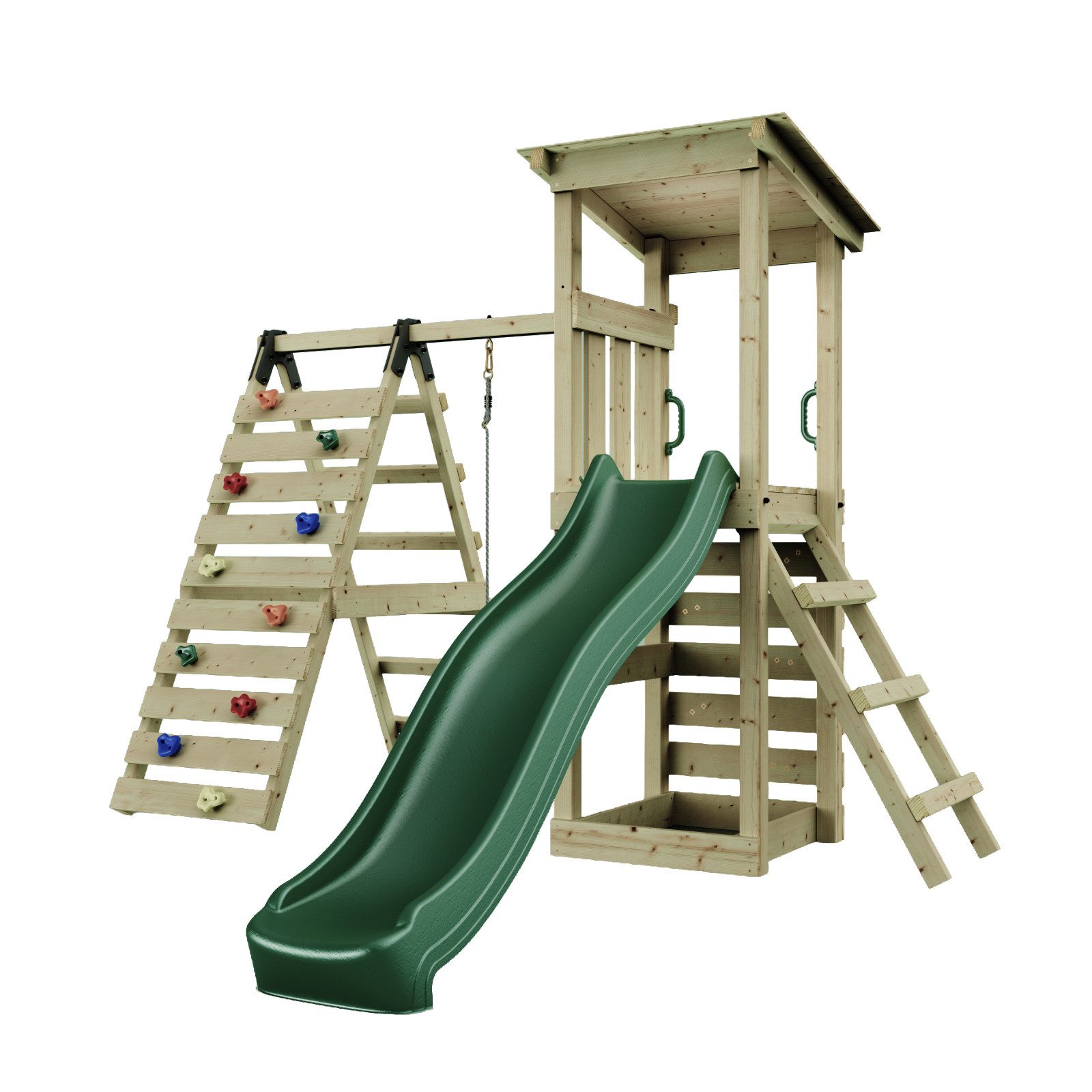 OutdoorToys Spielturm Spielturm Sevilla, aus Holz in Grün mit Kinderschaukel & Rutsche, Kletterwand