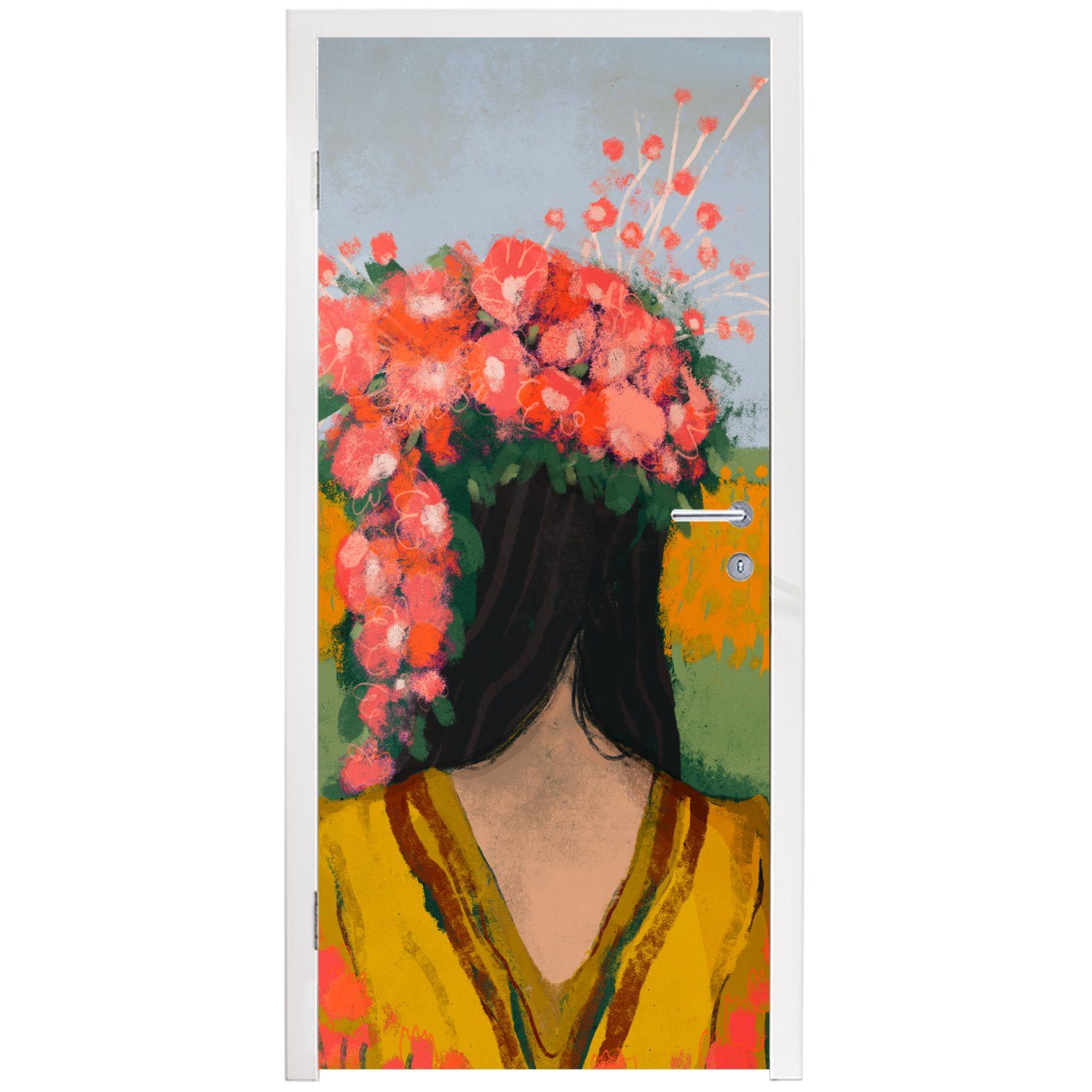 MuchoWow Türtapete Porträt - Blumen - (1 Frau Fototapete Rot, bedruckt, 75x205 cm für Tür, Matt, St), Türaufkleber, 