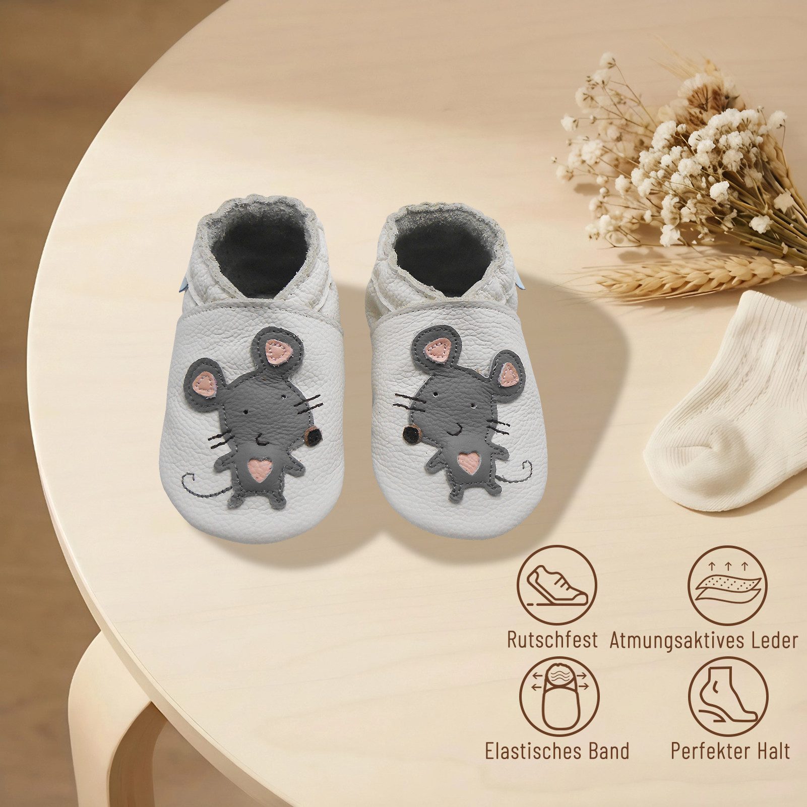 Basrakids Baby Leder Lauflernschuhe rutschfest Hausschuhe Krabbelschuh (100 % echtem Leder) Handgenäht, weiche, leichte, flexible, rutschfest