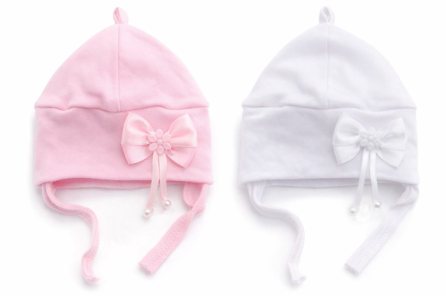 La Bortini Erstlingsmütze Baby Mützen 2er Pack Set in weiß rosa für Mädchen Mützchen (für Taufe, Geburt, Frühling - 2 Hauben Set) aus Baumwolle, 2er Set Übergangsmützen