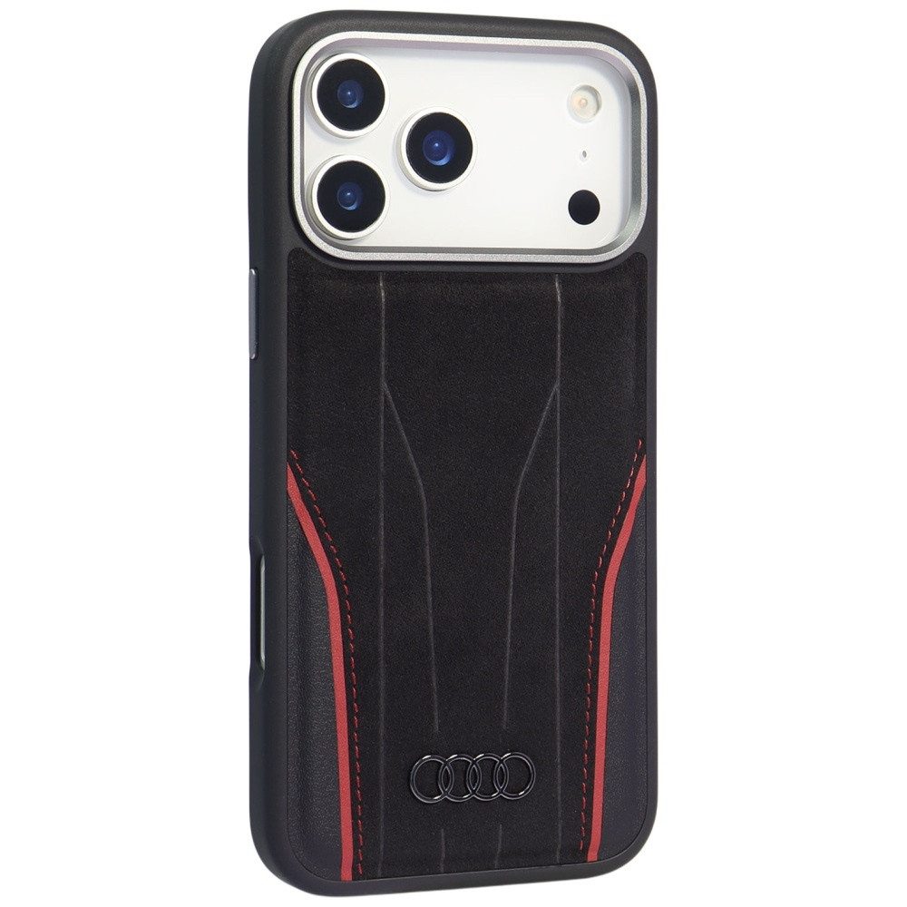 Audi Handyhülle iPhone 17 Pro Echtleder R8 MagSafe schwarz rot Logo Metall 6,3 Zoll, Kantenschutz