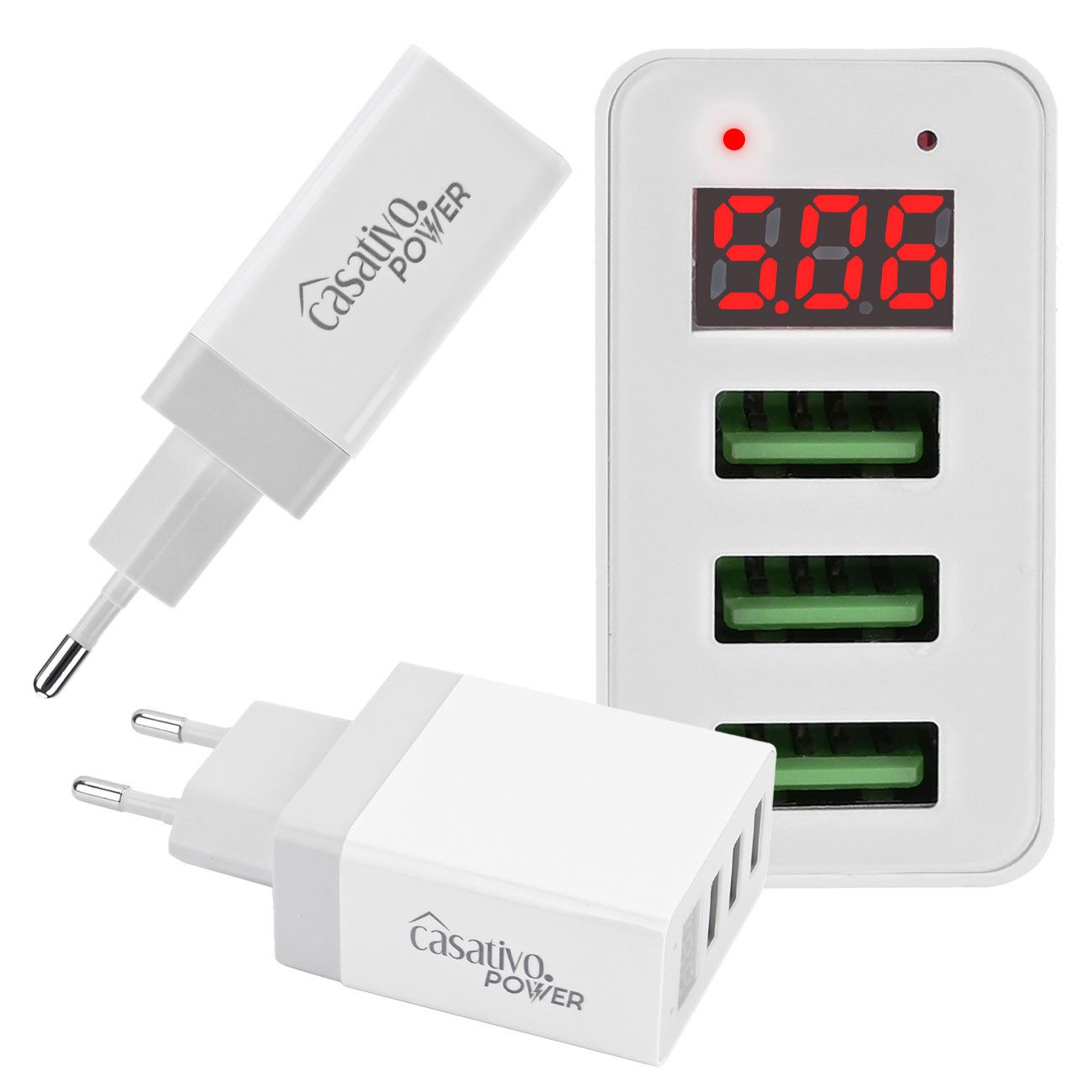Casativo Multi-Port USB Ladegerät 3 USB-A Ports LED-Display 5V/2.4A je Port USB-Ladegerät (1-tlg., 2×USB 5V/2,4A, max. 3,1A/15,5W, LED-Display für Spannung & Strom)