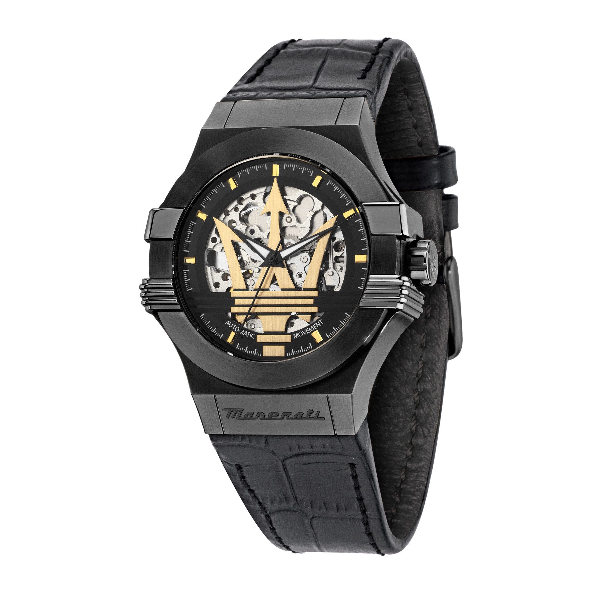 MASERATI Automatikuhr Potenza R8821108051, 42 mm – Herrenuhr mit skelettiertem Zifferblatt, & schwarzem Lederarmband