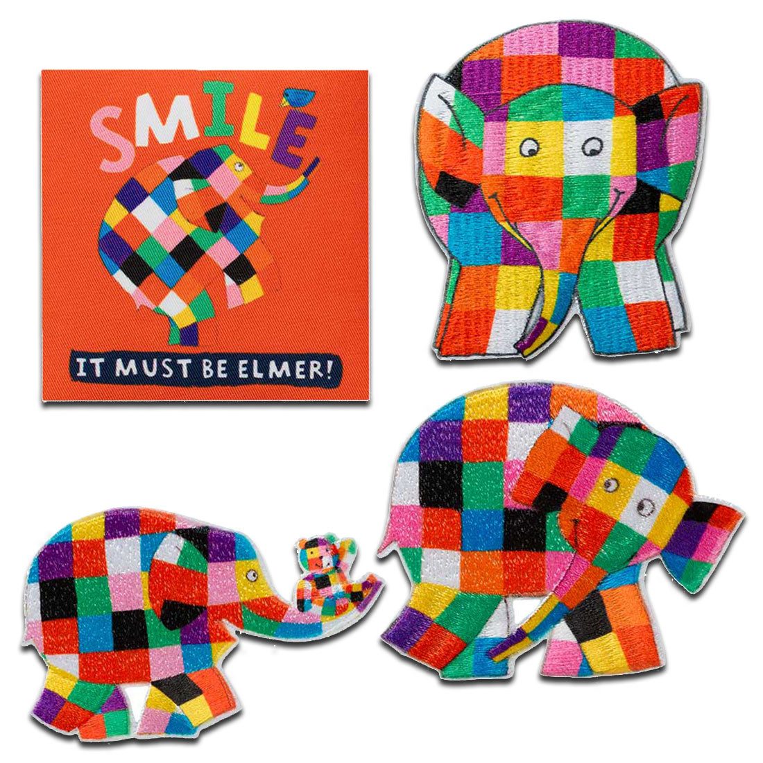 Mono-Quick Aufnäher Bügelbild, Aufbügler, Applikationen, Patches, Flicken, zum aufbügeln, Polyester, 4er Set Elmer - verschiedene Größen