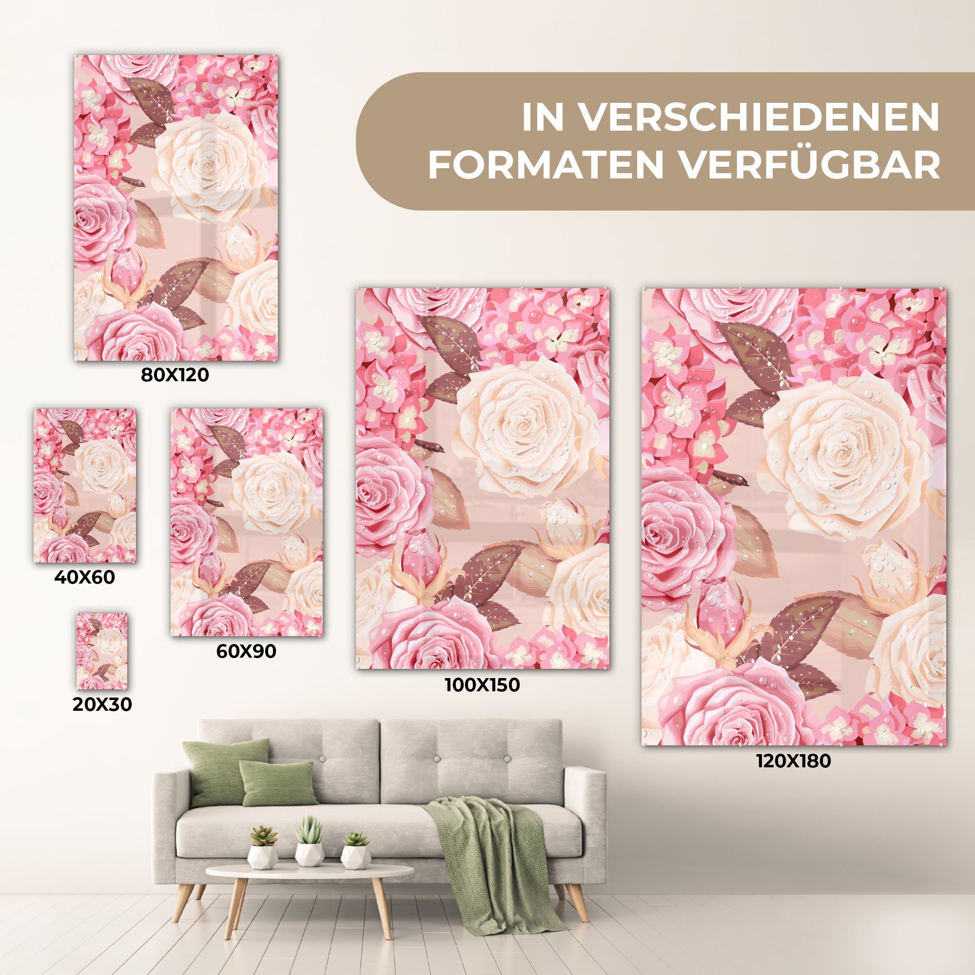 MuchoWow Acrylglasbild Rosen auf St), - Rosa - Tropfen, - - Bilder Glas auf (1 Foto Weiß - Wanddekoration - Glasbilder Wandbild Glas