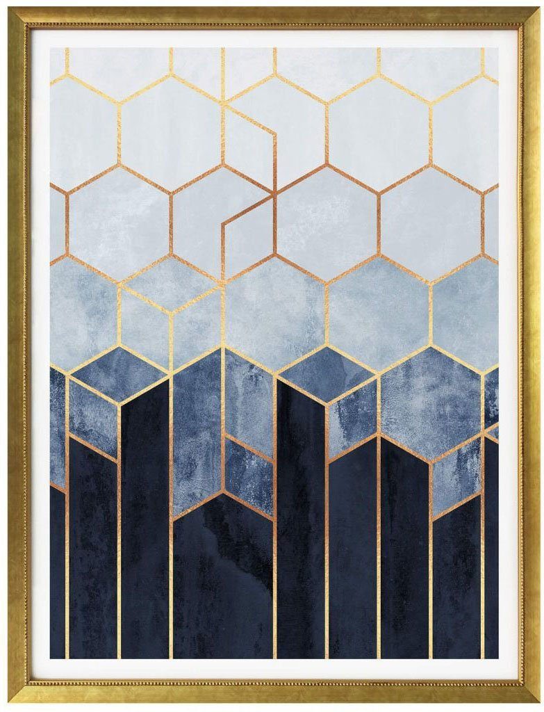 Wall-Art Poster Weiß, Blau Hexagon Schriftzug (1 St)
