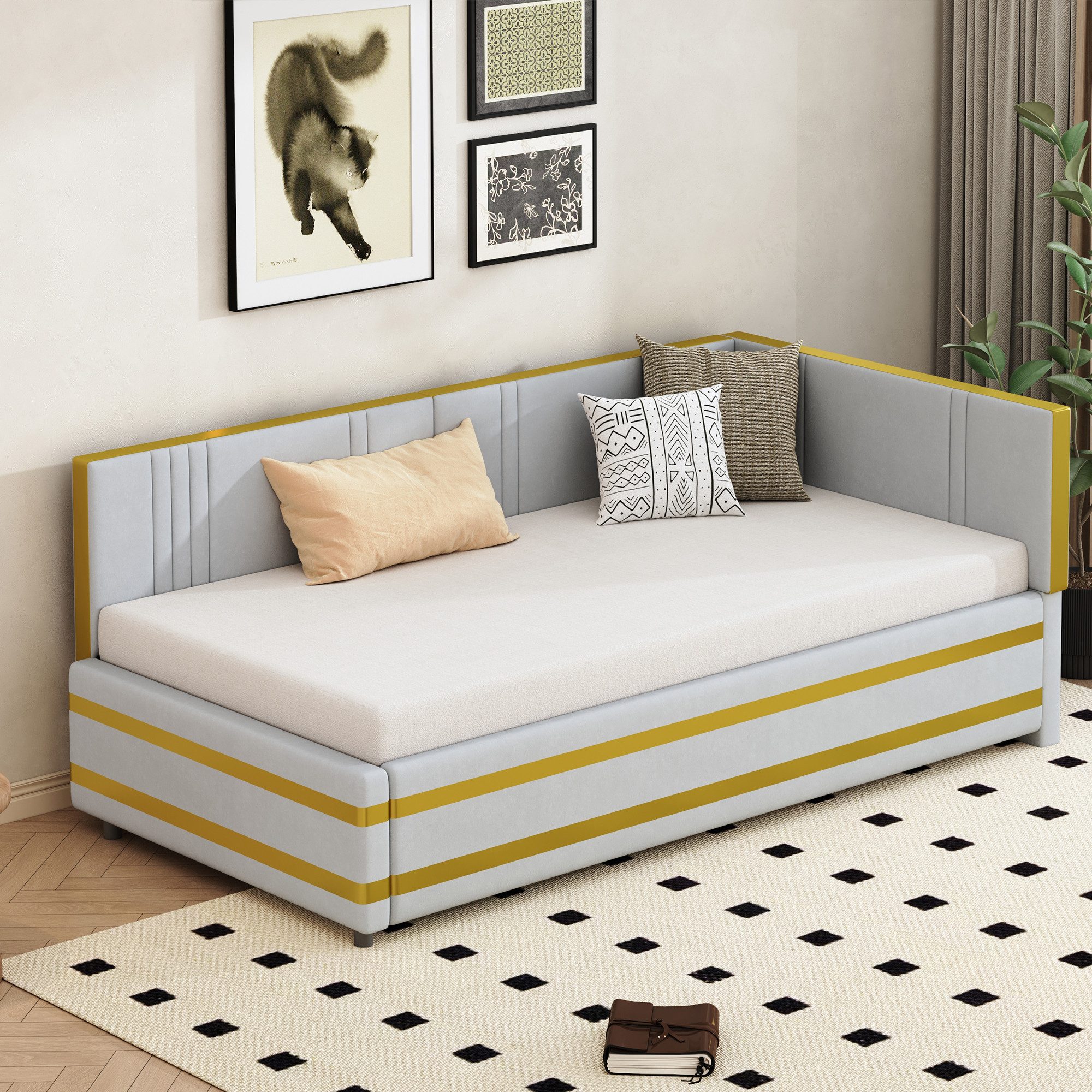 Flieks Daybett, Polsterbett Sofabett Kinderbett 90x200cm mit goldenes Strei günstig online kaufen
