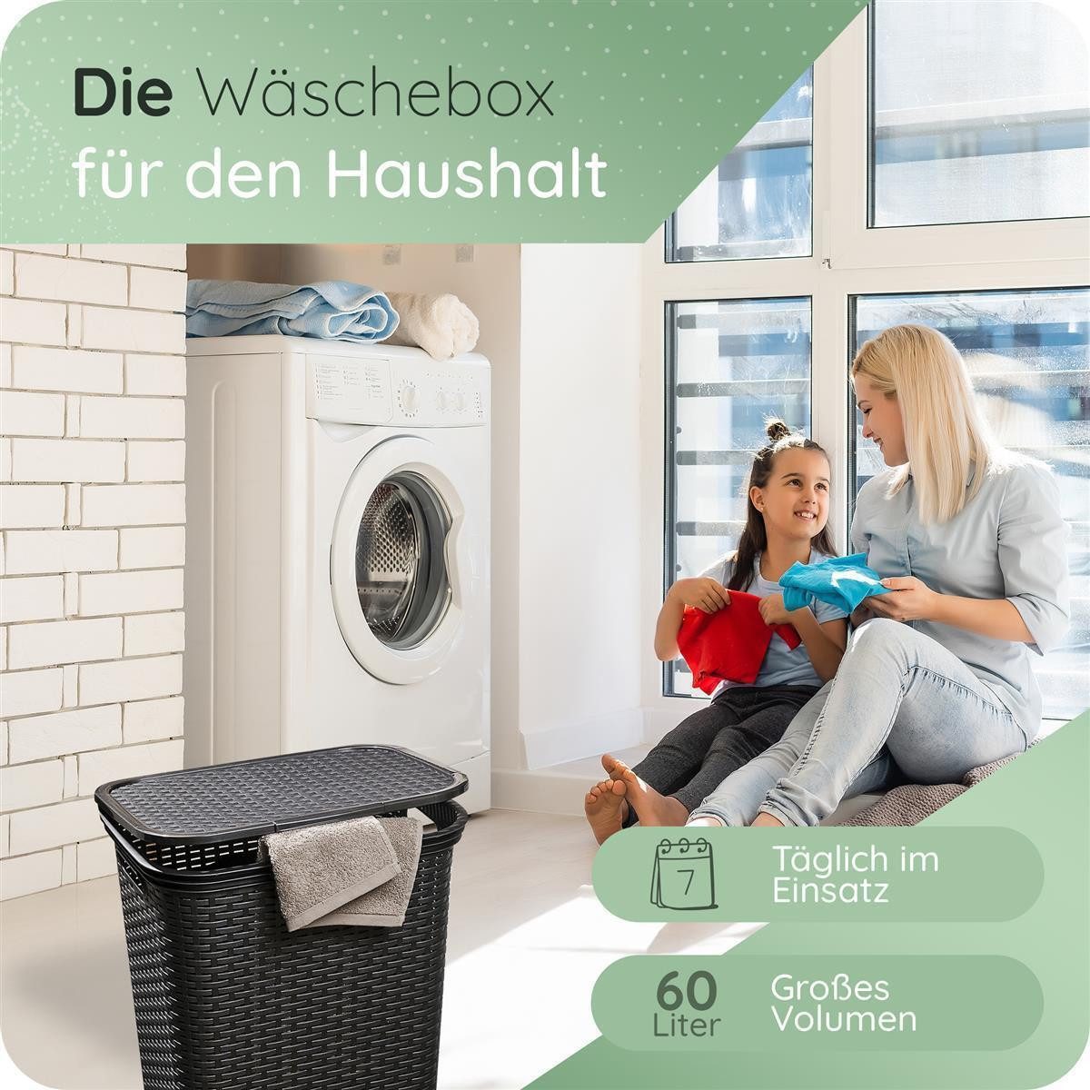 Novaliv Wäschekorb - (1 St), 1 Stück Rattan Wäschekorb mit Deckel 60L Schwa günstig online kaufen
