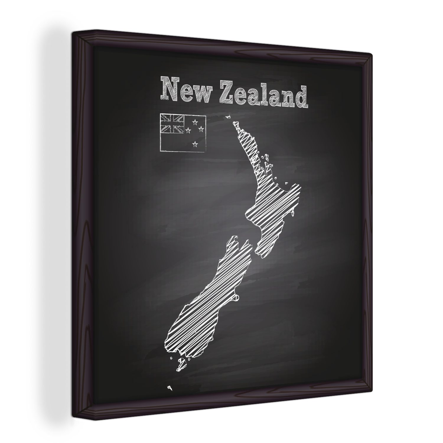 OneMillionCanvasses® Leinwandbild Eine Illustration einer schwarzen Kreidekarte von Neuseeland, (1 St), Leinwand Bilder für Wohnzimmer Schlafzimmer