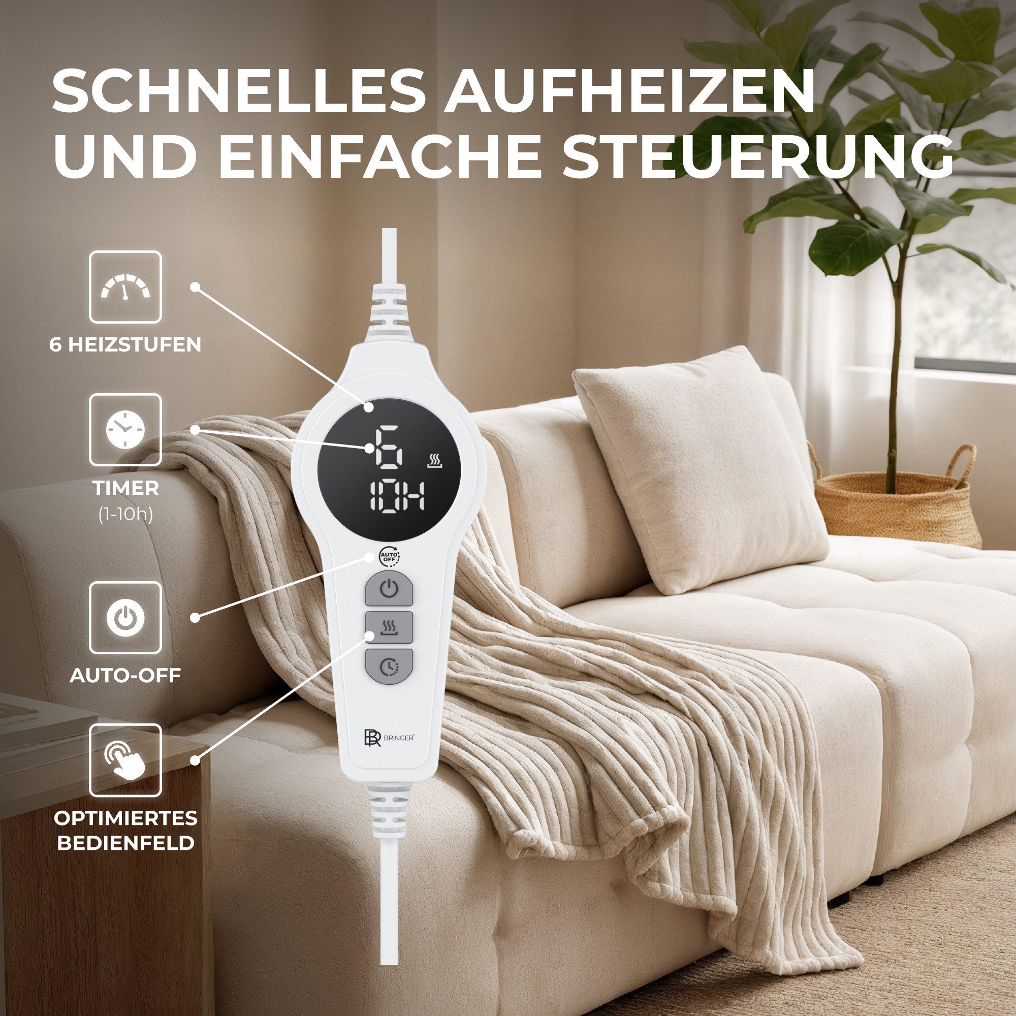 Bringer Heizdecke, elektrische Kuscheldecke mit Abschaltautomatik & Überhitzungsschutz