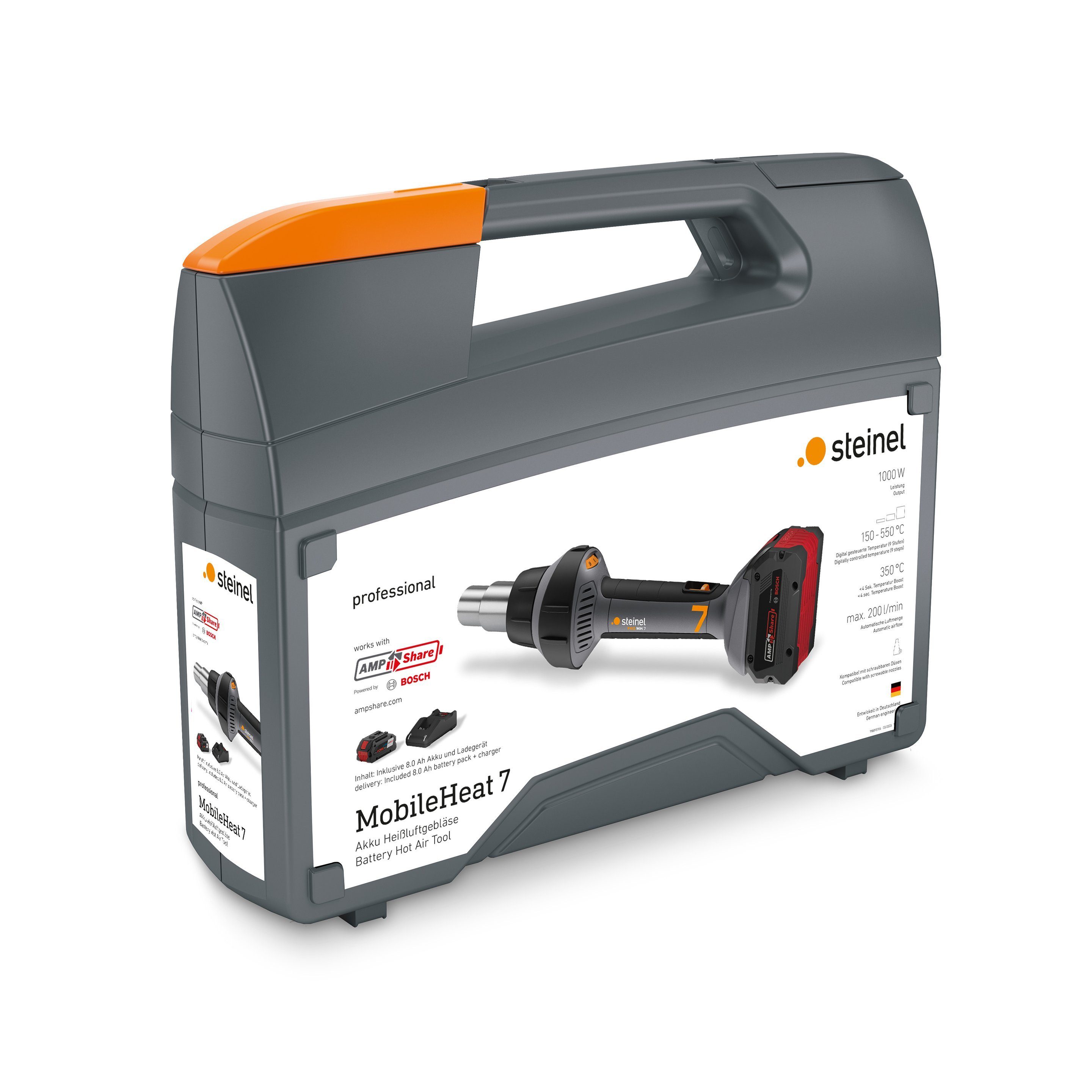 steinel Akku-Heißluftgebläse MobileHeat 7 inkl. 8,0Ah Akku und Ladegerät, 1000.0 in W, bis max. 550.0 °C, Grau, Keramikheizung, mit Zubehör