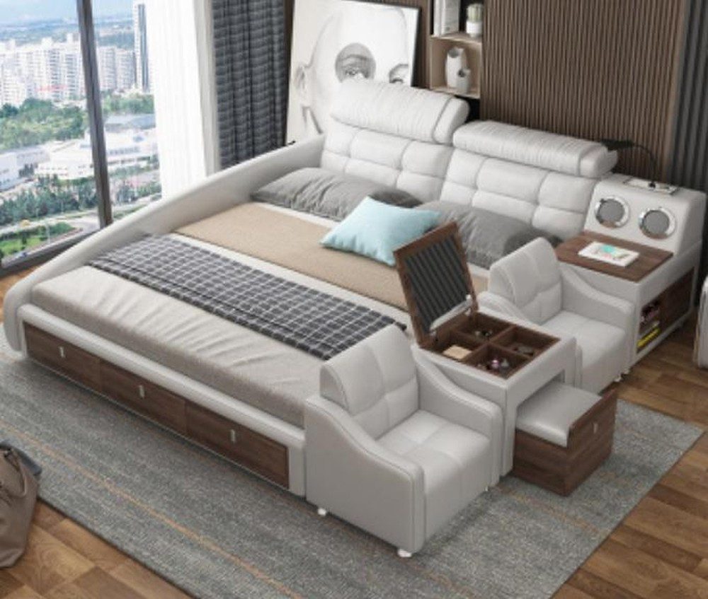 Xlmoebel Multimediabett Luxuriöses Doppelbett mit Lederbezug und Ablage-Regal (Multifunktions Bett), Hergestellt in Europa