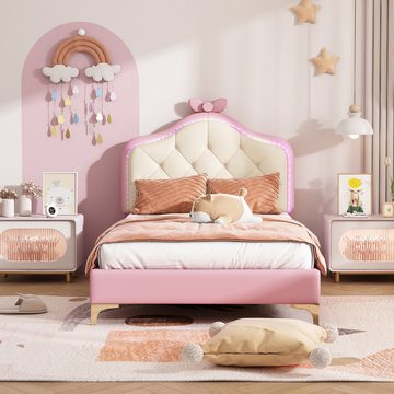 MODFU Polsterbett Einzelbett mit Holzlatten, Kunstleder, rosa Bettrahmen (mit mehrfarbigen, wechselnden LED-Streifen, Wellenform mit Zugpunkt am Kopfende des Bettes, rosa Schleife 90x200cm)