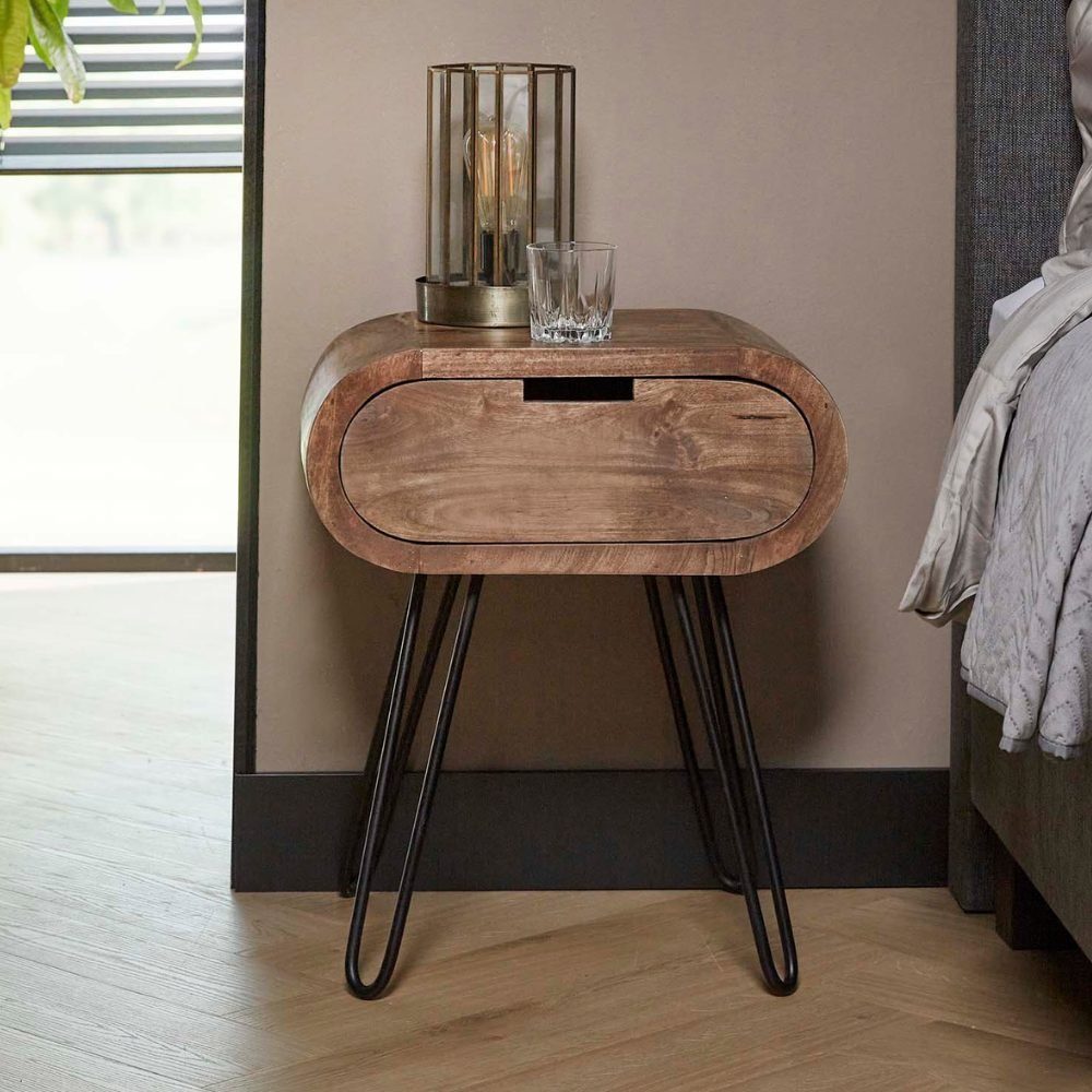 RINGO-Living Natur-dunkel mit Nachttisch und Schwarz, Sanoe Massivholz Beistelltisch Möbel in Schubladen