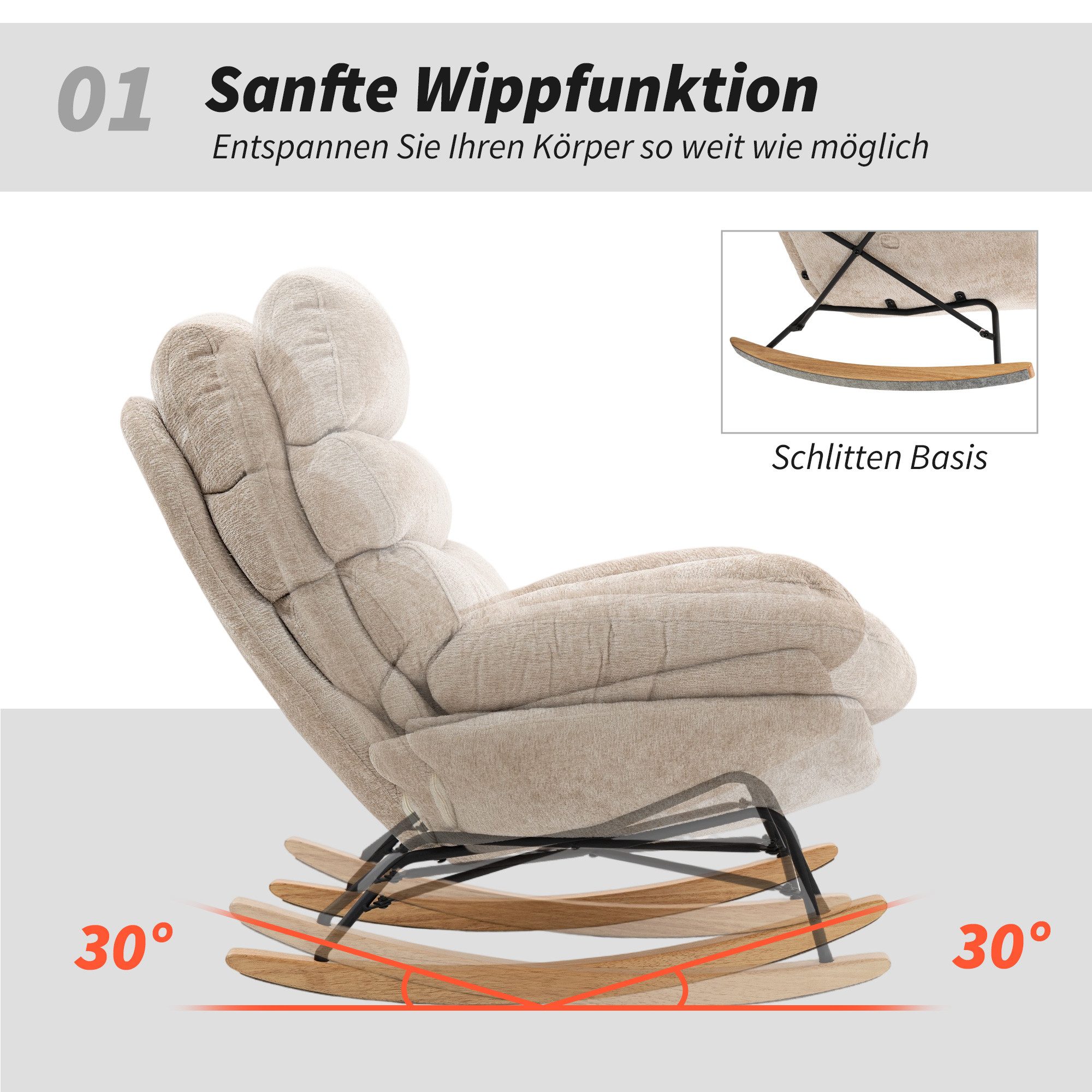 HOMCOM Schaukelstuhl Schaukelsessel mit Rückenlehne, Gepolstert Relaxsessel Lesesessel (Set, 1 St), Schneidersitz-Design, 105° Schaukelbewegung – Bild 4 von 5