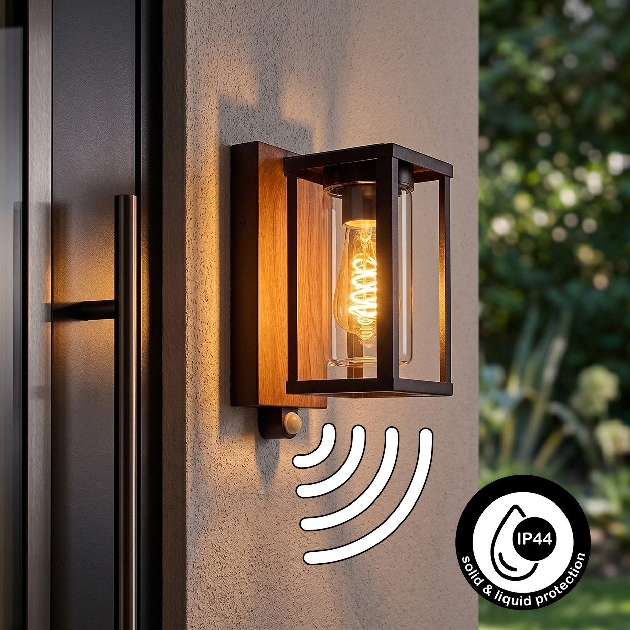 hofstein Außen-Wandleuchte Außenleuchte mit Bewegungsmelder aus Metall/Glas in Schwarz-Braun/Klar, ohne Leuchtmittel, Wandlampe für Terrasse/Hof, 1 x E27, ohne Leuchtmittel, IP44