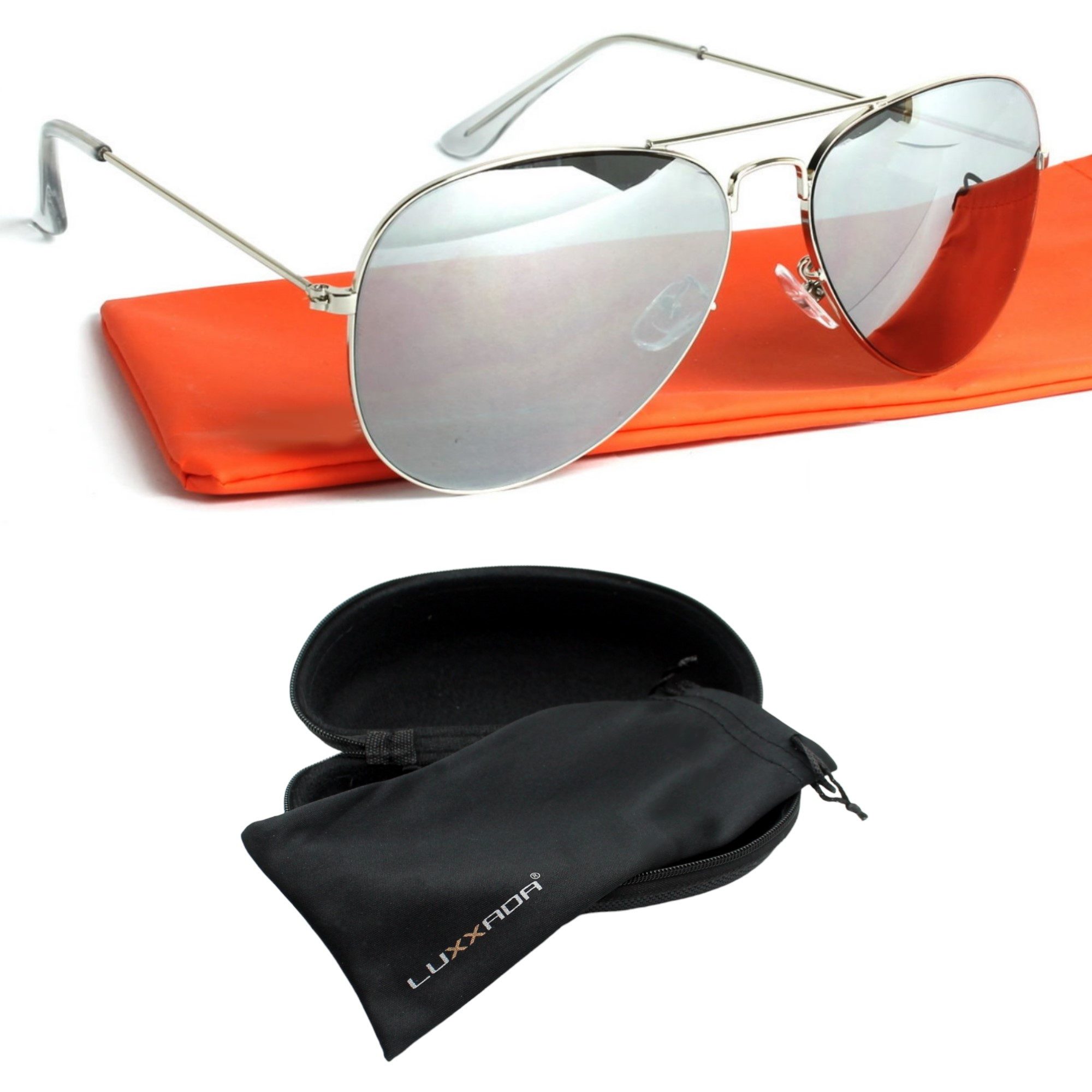 Rennec Sonnenbrille (Pilotenbrille mit Hardcase und schwarzen Brillenbeutel) Gläser Silber und Rosa Verspiegelt oder Schwarz Polarisiert Getönt