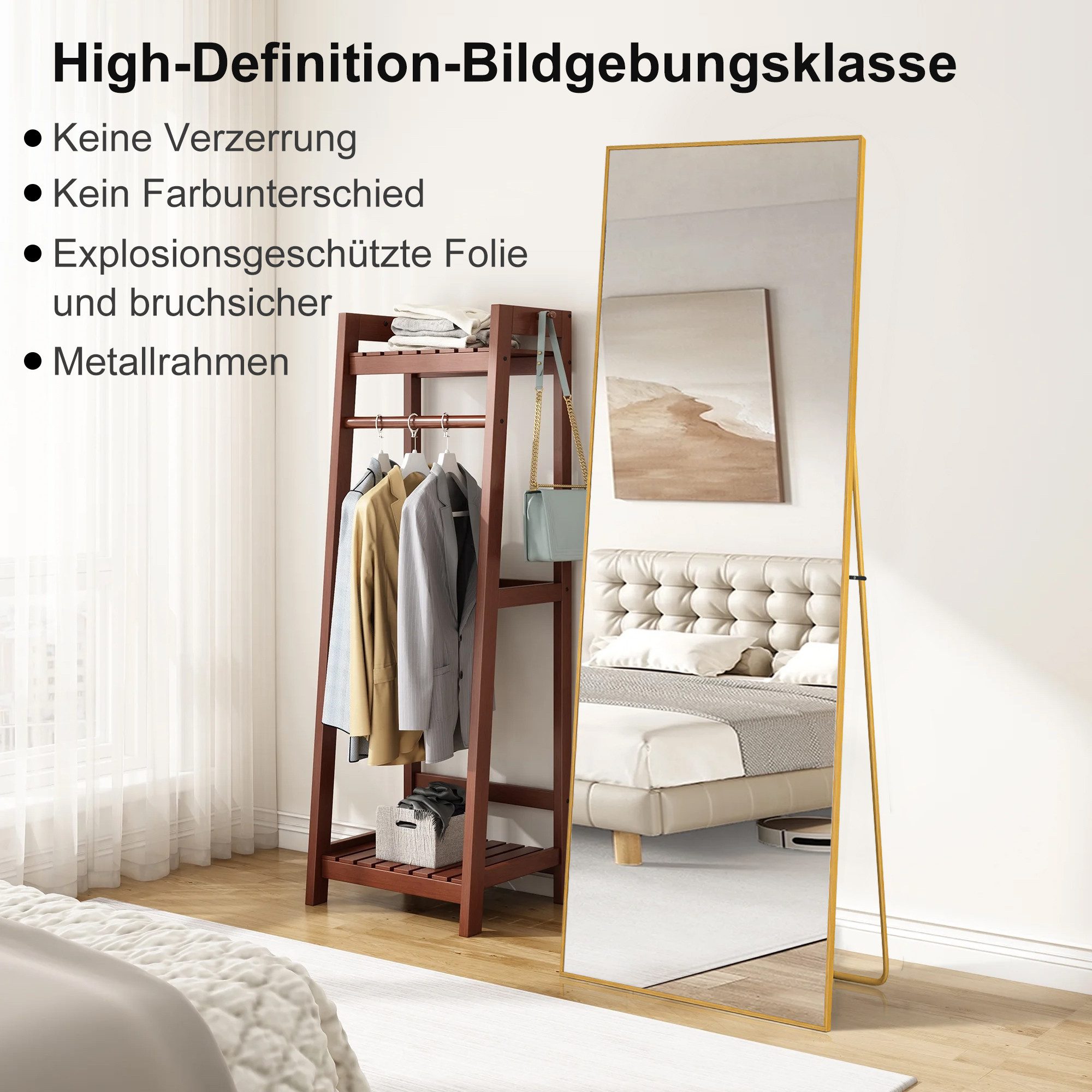 zebery Ganzkörperspiegel Standspiegel Wandspiegel groß,mit Alurahmen und verstärktem Glas (Set, 1-St), Gold,164 x 54cm
