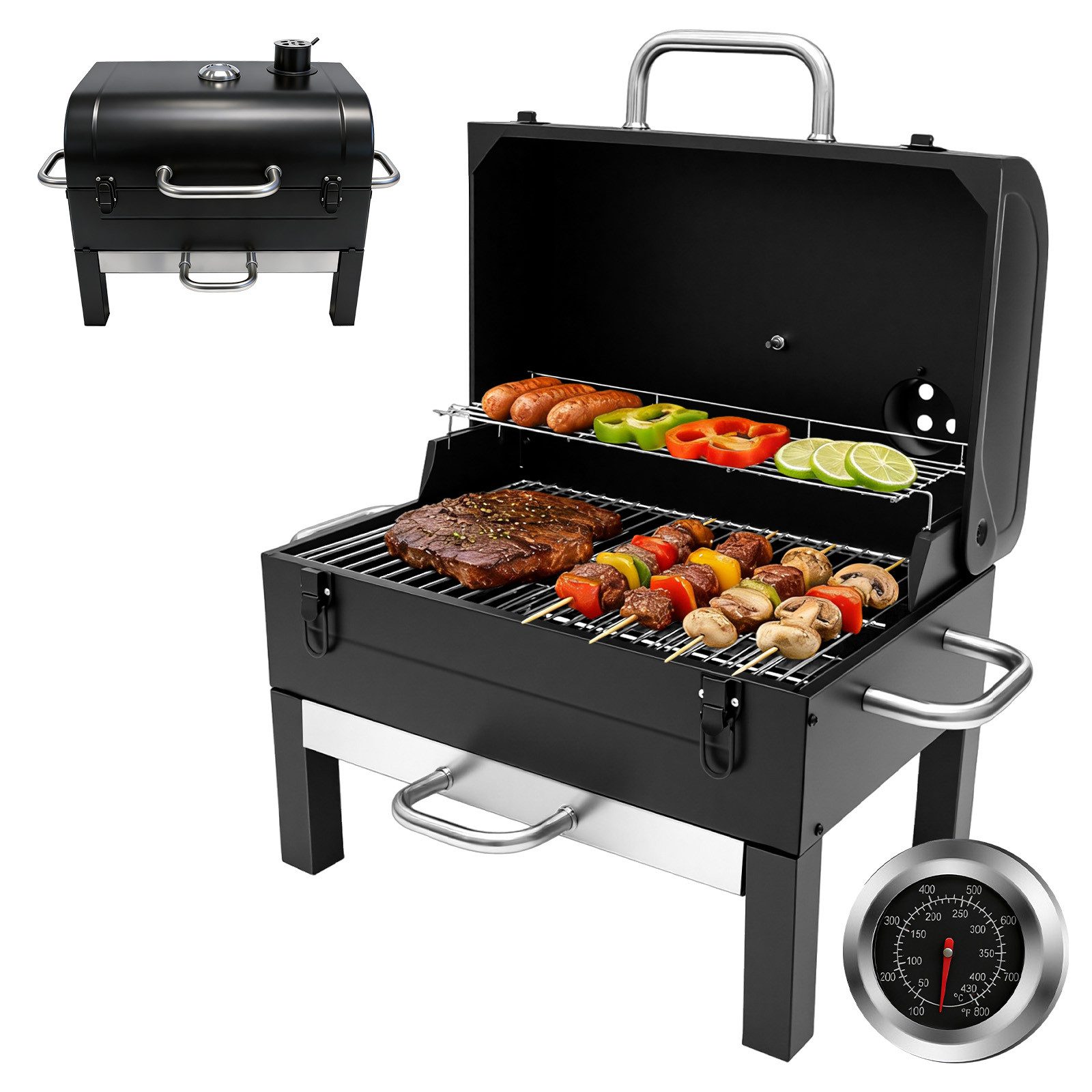 SunJas Holzkohlegrill K-SK610 Klappbarer Grill mit Thermometer und Lüftungssystem, Doppelstufiger Grillrost Grillfläche: 48 × 32 cm, Tischgrill Tragbarer Grill Campinggrill für Outdoor-Picknick-Camping