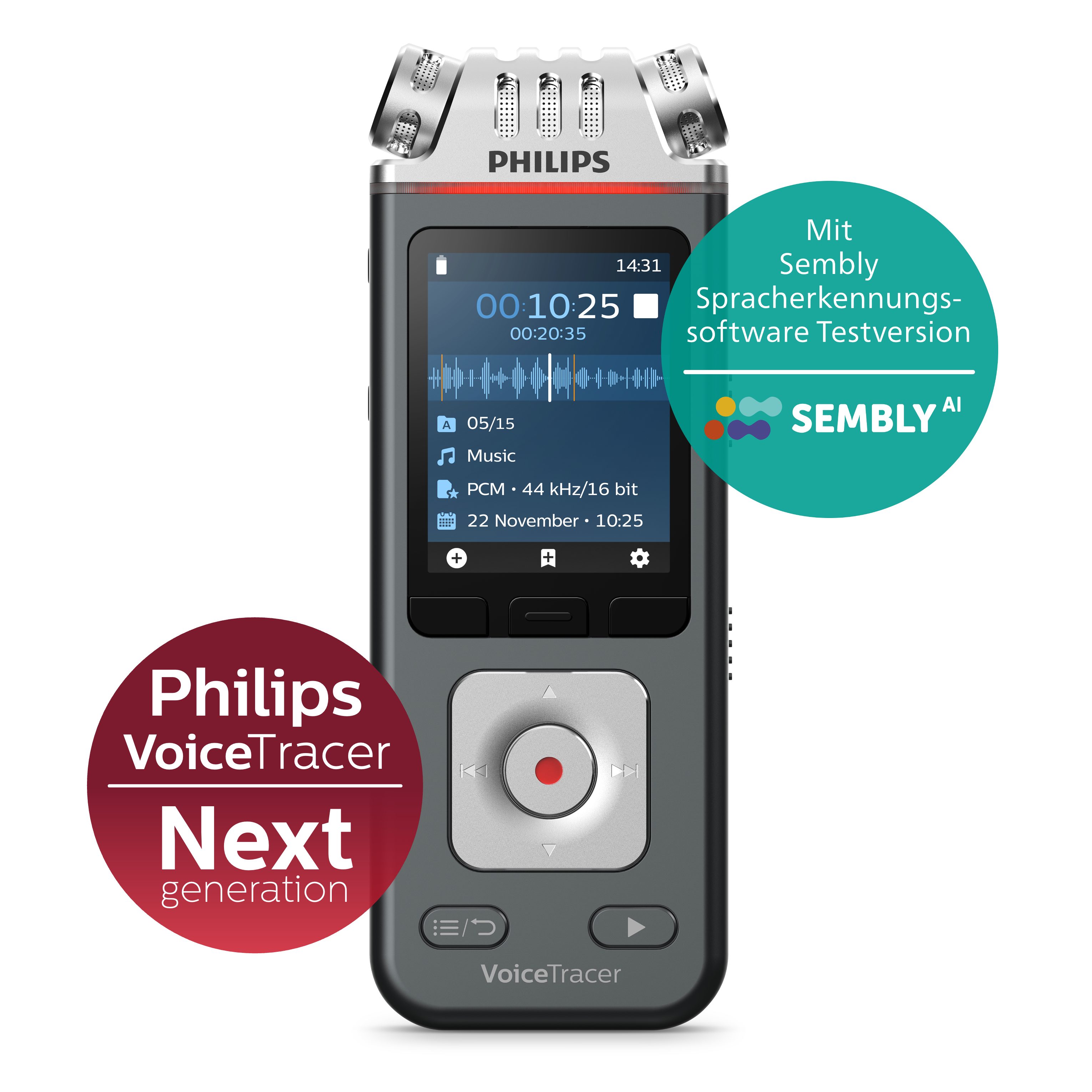 Philips DVT6115 Audiorecorder Digitales Diktiergerät (96 kHz/24 Bit, Smartphone-App, Sembly AI Spracherkennung)