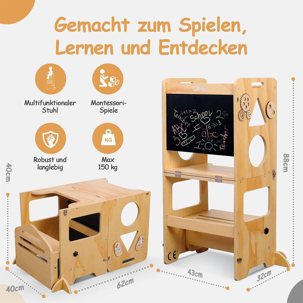 Olvy Stehhilfe Olvy Lernturm Für Kinder, 3 in 1 Montessori Lernturm