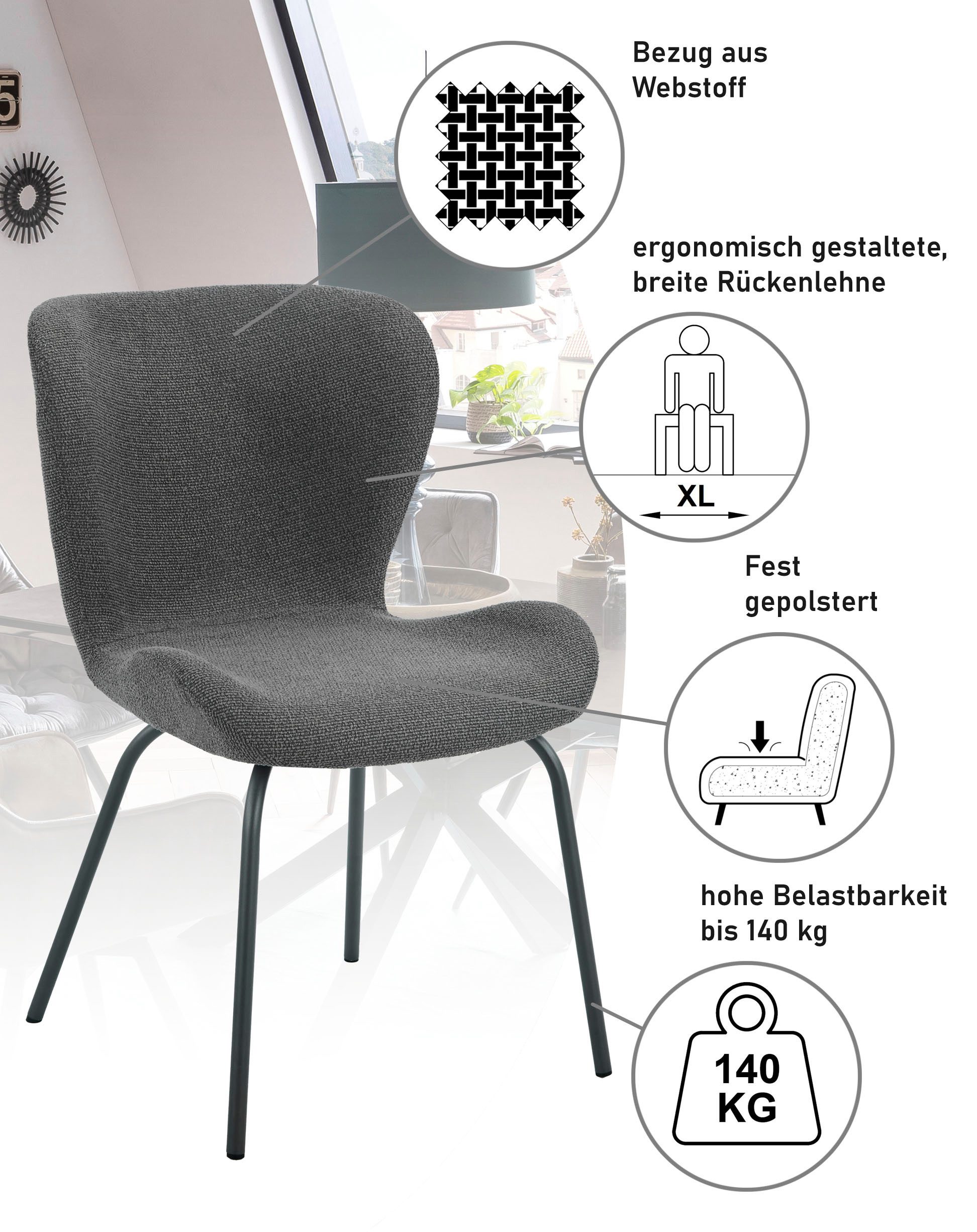 HELA 4-Fußstuhl LAGOS (Set, 2 St), 4-Fußstuhl XL, Gestell angepasst, Webstoff, 140kg belastbar