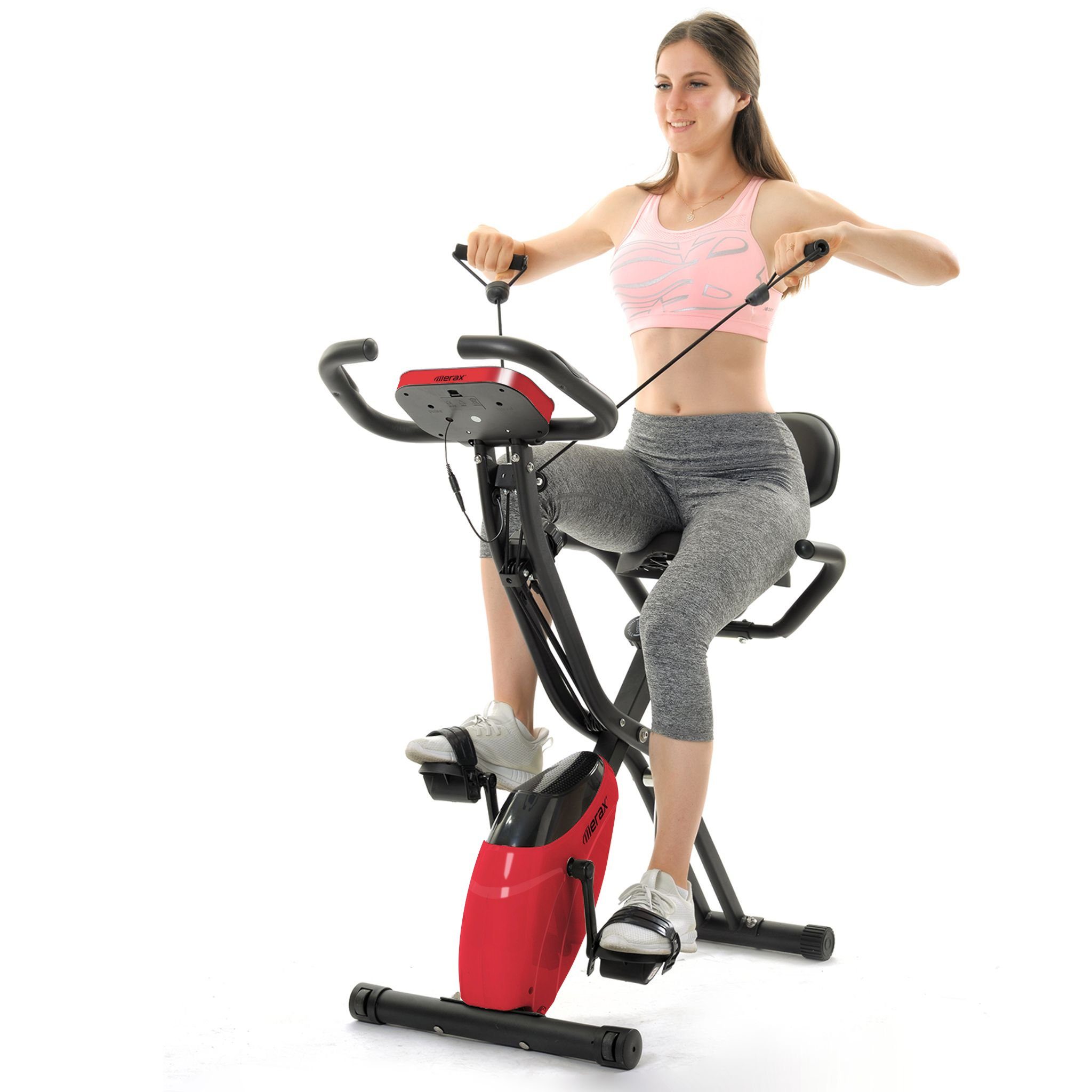 Merax Heimtrainer 3-in-1 X-bike Fitnessgeräte mit 10 Widerstandsstufen, mit Expanderbändern & Handpulssensoren rot