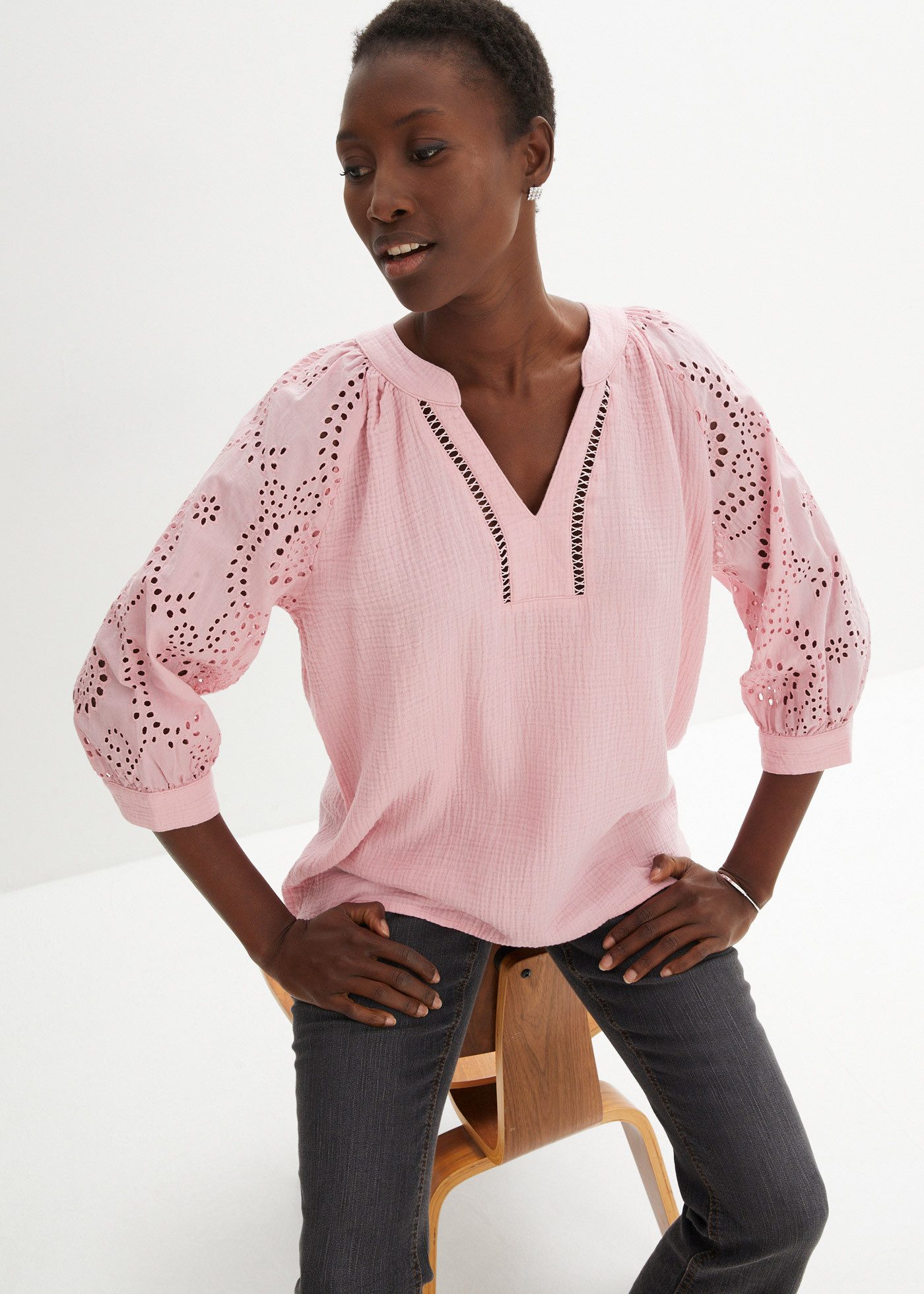 bonprix Tunika figurumspielende Passform, mit 3/4-Ärmeln, aus reiner Baumwolle