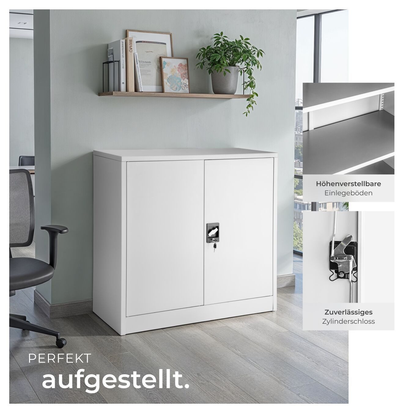 tectake Aktenschrank abschließbarer Büroschrank mit drei höhenverstellbaren Böden (Ablageschrank, 1-St., in Grad) pulverbeschichteter Stahl, Sicherheits-Zylinde – Bild 4 von 5