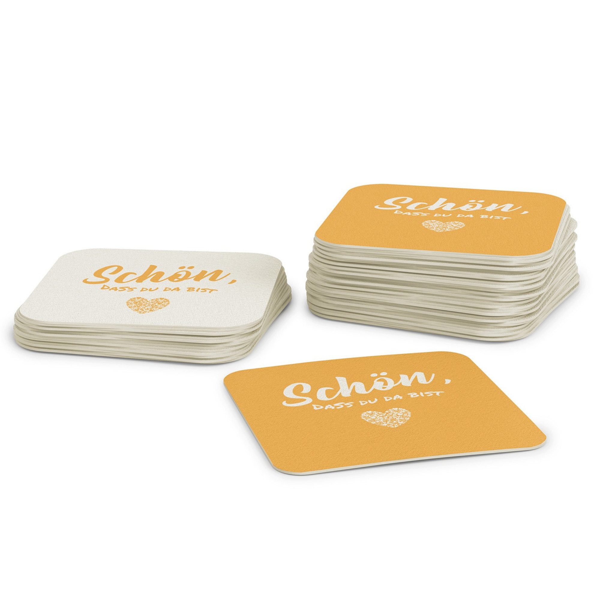 FLYERALARM Bierdeckel Schön, dass du da bist I Senfgelb - Weiß I 50 Stück I Quadratisch, Deko Garten Hochzeit Geburststag Minimalistisch Jubiläum Feier
