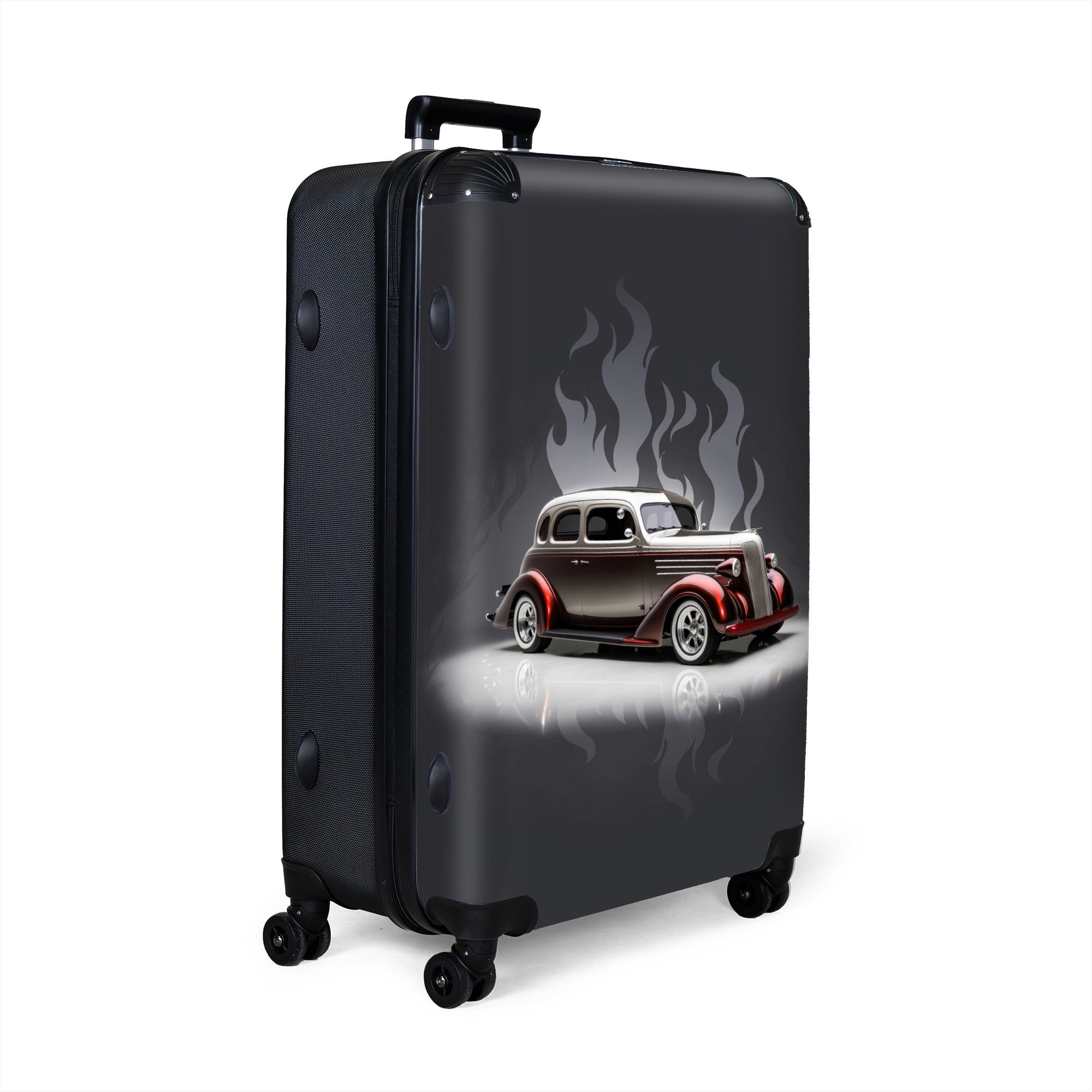 NoBoringSuitcases.com© Kinderkoffer Auto - Weiß - Flammen - Vintage 77 cm - 98 L, 8 Rollen, Reisekoffer mit Rollen Großer für 30kg, Jungenkoffer