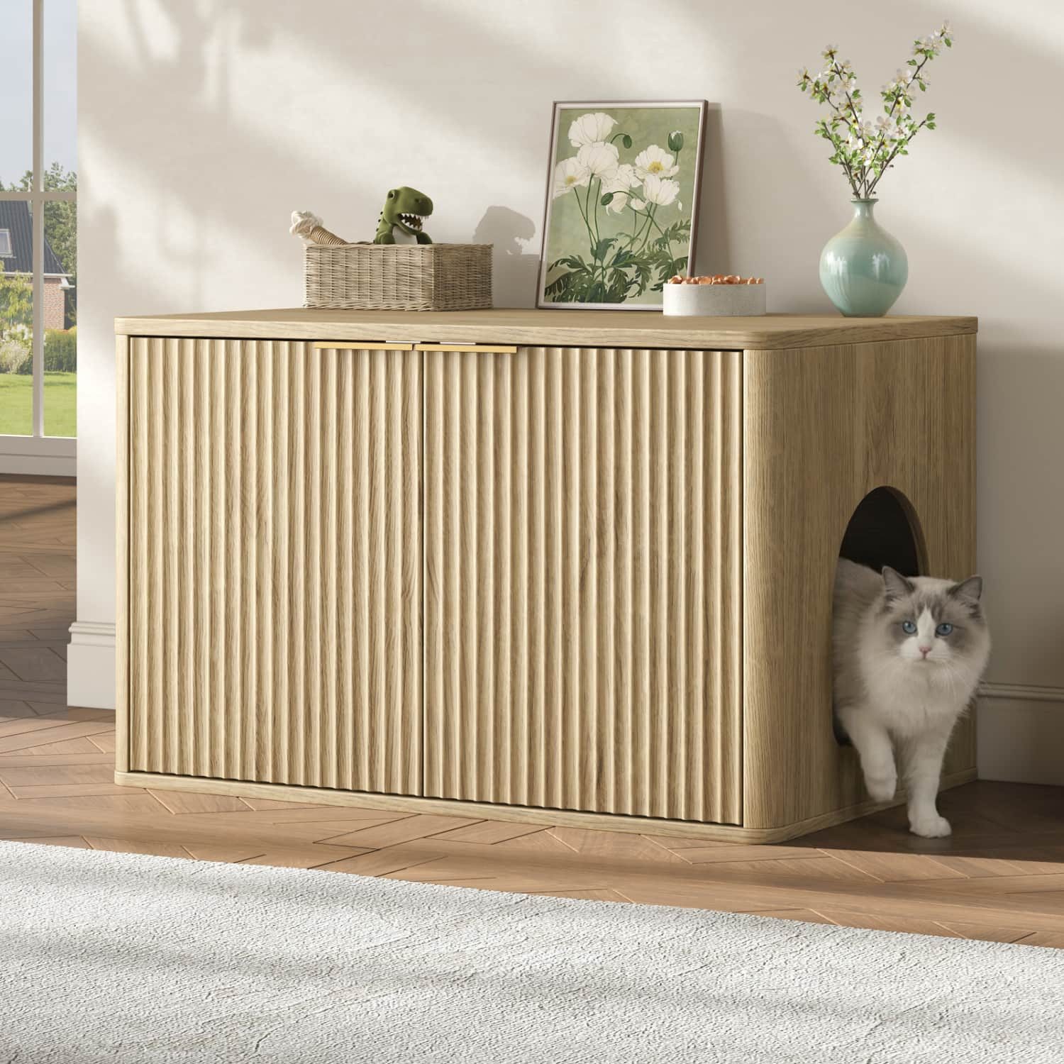 ANYSUN Katzentoilette Katzentoilettenschrank,Beistelltisch,Katzenhaus mit Türen,Lüftung, 80×50×50cm Katzenkloschrank mit Seiteneingang für Wohnzimme,Natürlich