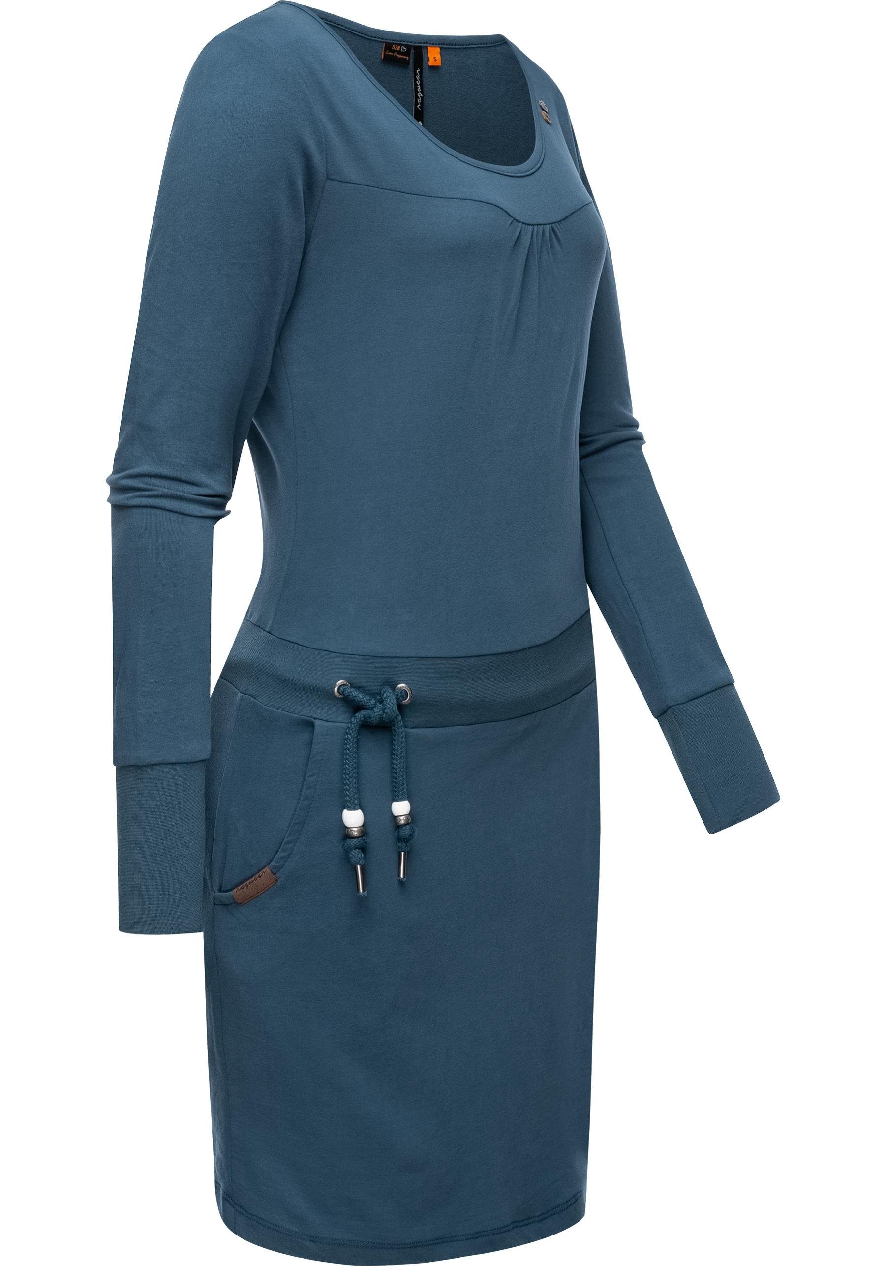Ragwear Jerseykleid petrol mit Taillenzugband Damen Penellope Langärmliges Baumwoll-Kleid