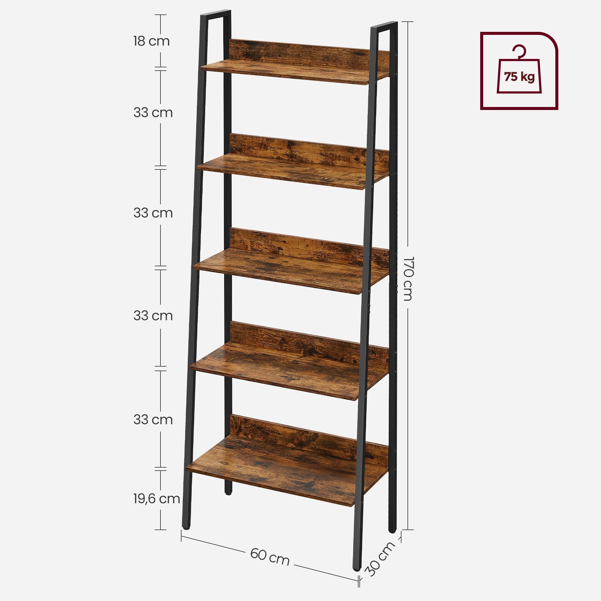 VASAGLE Standregal, Bücherregal, Leiterregal, 140/170 cm, Industrie-Design