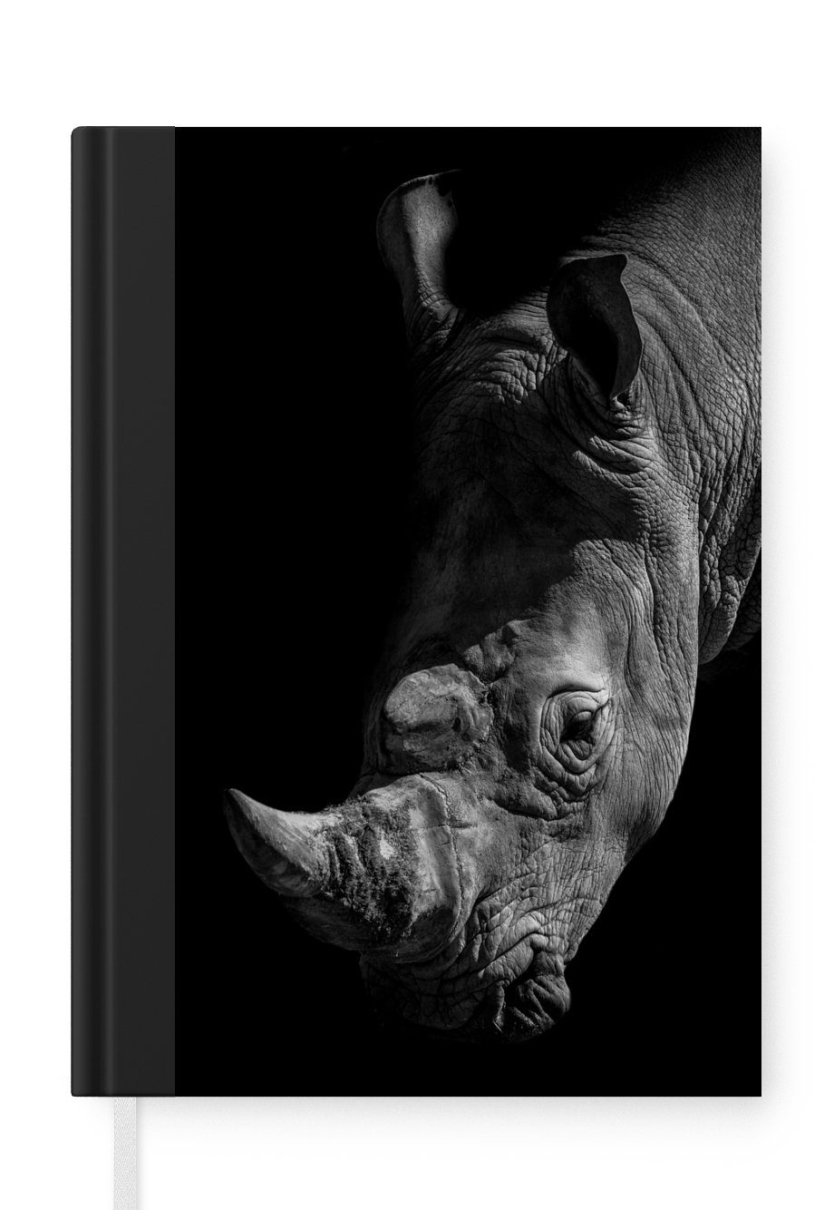 MuchoWow Notizbuch Nahaufnahme eines Nashorns auf schwarzem Hintergrund, Journal, Merkzettel, Tagebuch, Notizheft, A5, 98 Seiten, Haushaltsbuch