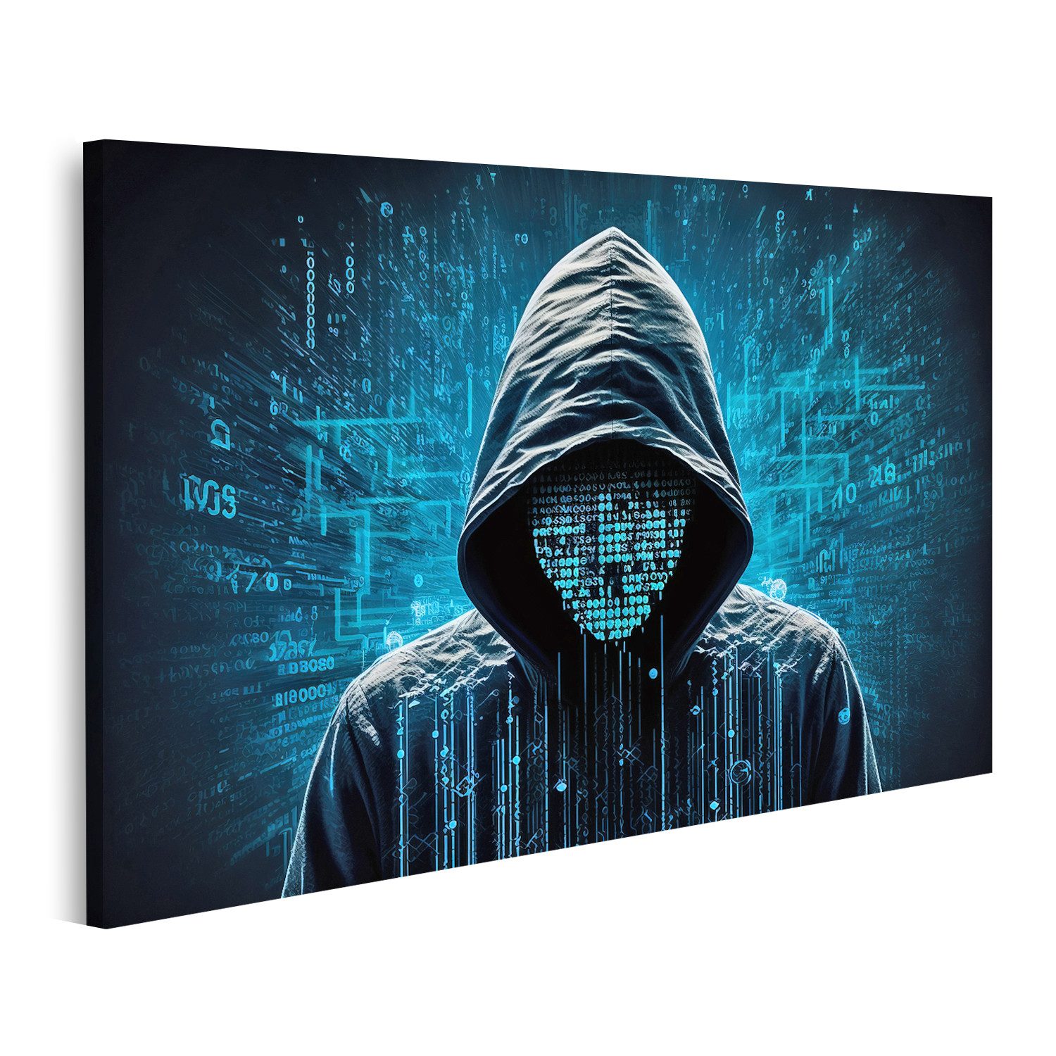 Leinwandbild Computer Hacker Hoodie Matrix Code Sein Gesicht Blau Digital Bilder