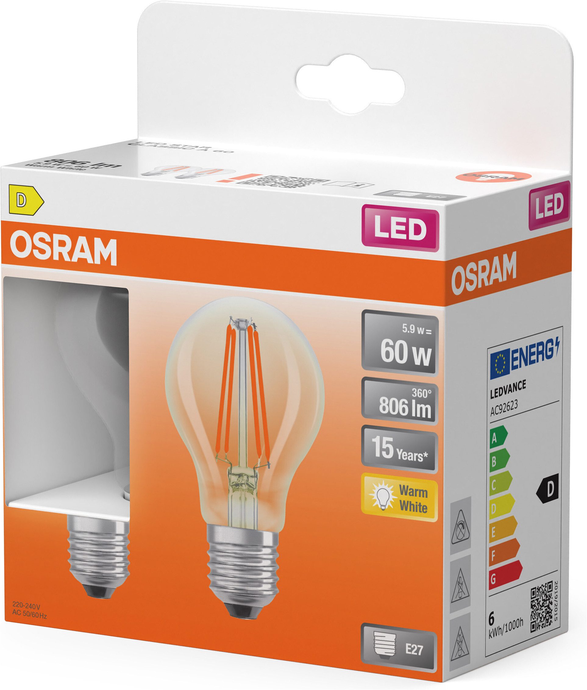 Osram LED-Leuchtmittel LED-Lampe Star Kolbenform A60, E27, 2 St., Warmweiß