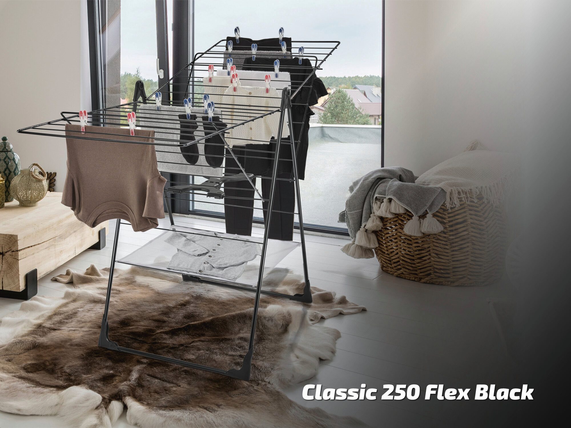 Leifheit Wäscheständer Standtrockner Classic 250 Flex Black, 25m Trockenlänge, höhenverstellbare Flügel, modernes Design