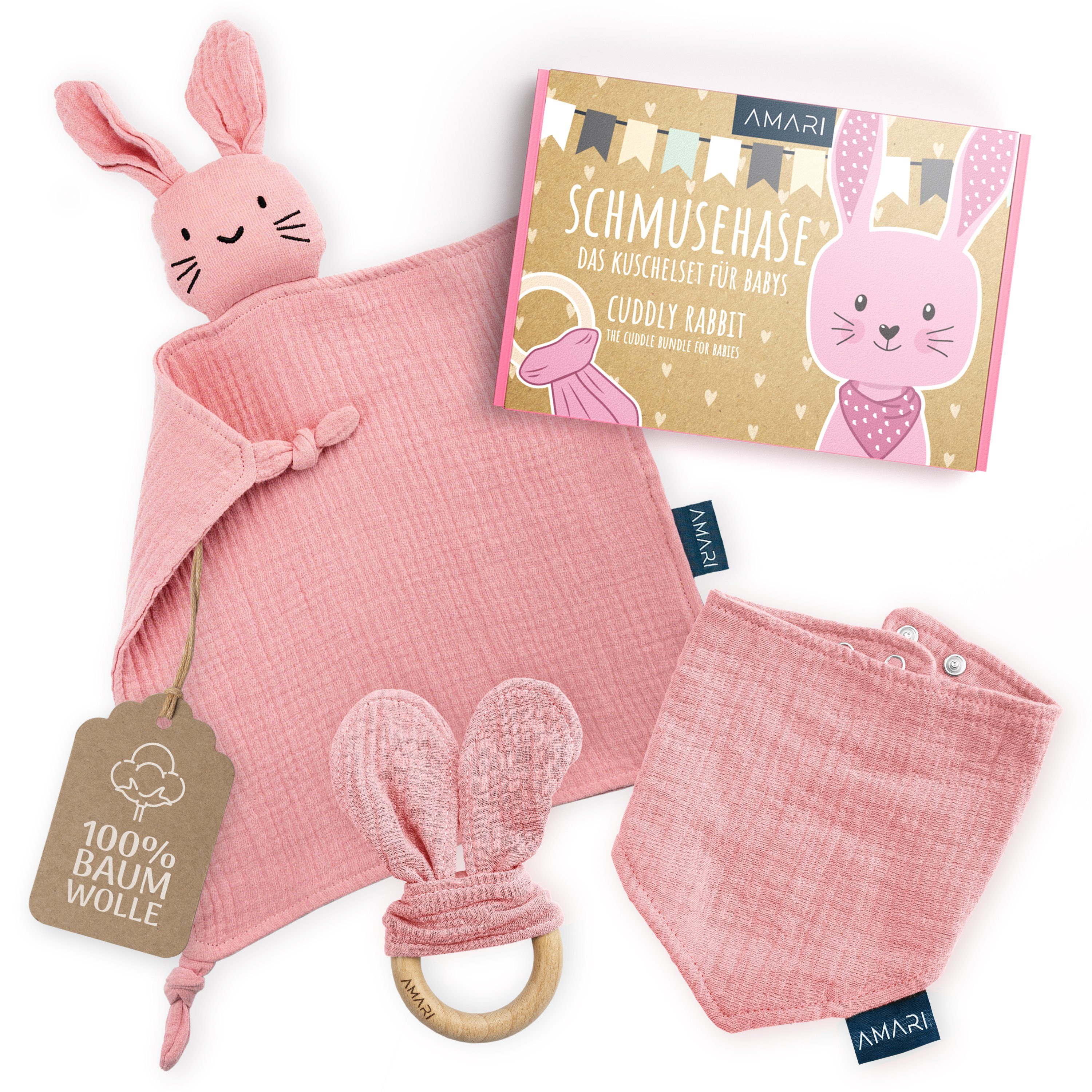 Amari Schmusetuch AMARI ® Schmusetuch Hase mit Beißring und Lätzchen Rosa