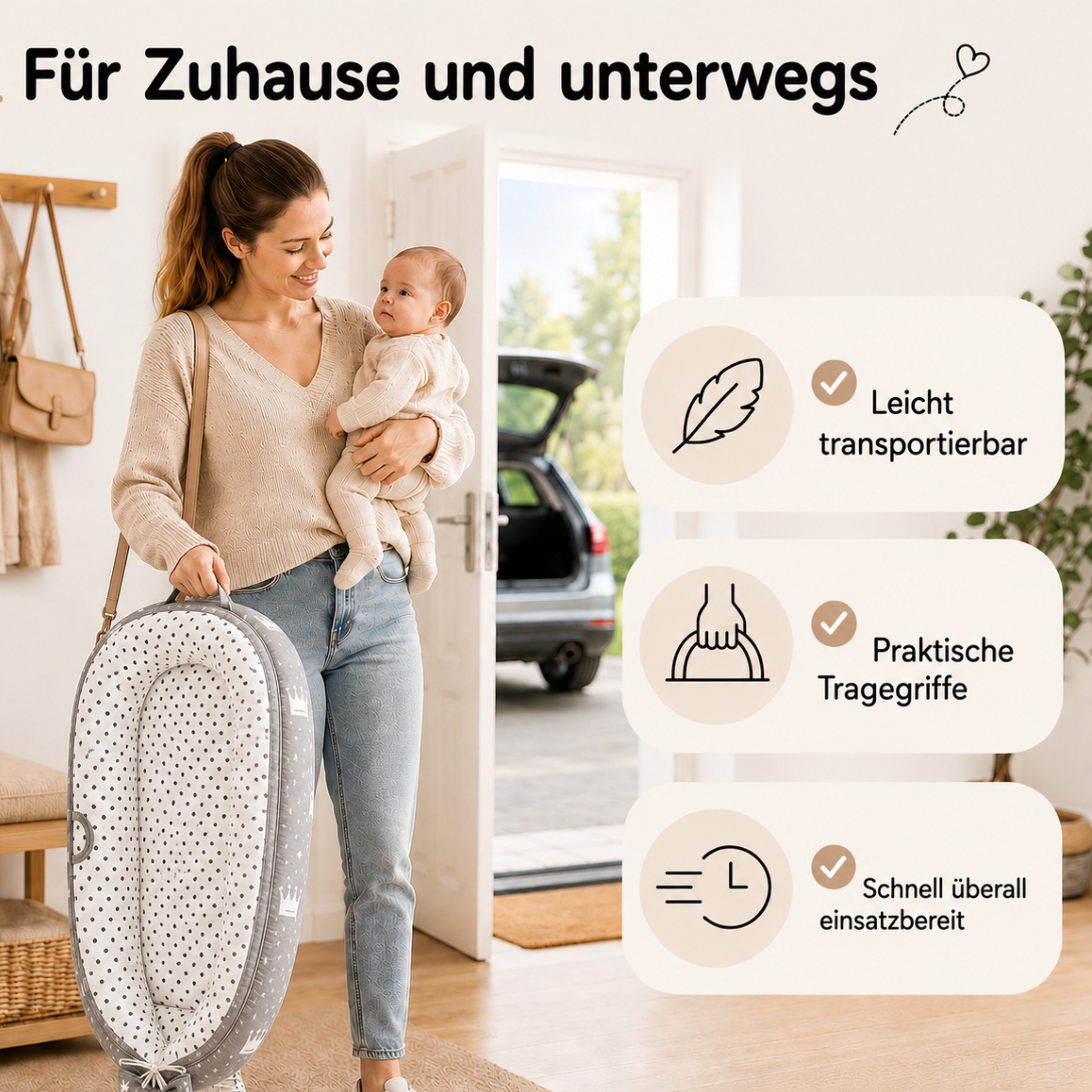 SKY & ZEN Kuschelnest für Neugeborene – Baby Nestchen Set, Babynest mit Tragegriff, (Set), 5 Teile