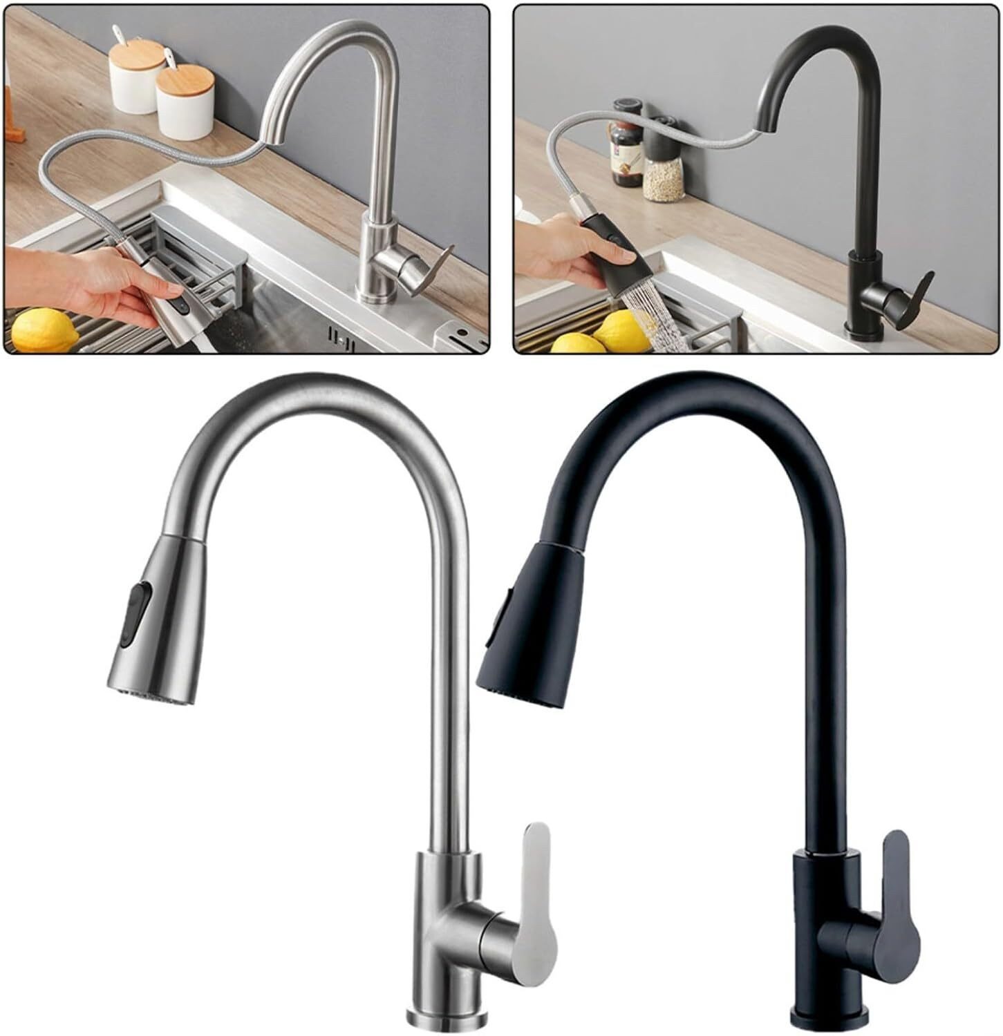 Faizee Home Küchenarmatur Armatur mit Ausziehbrause, Wave Schwarz & Chrom, 360° Drehbereich