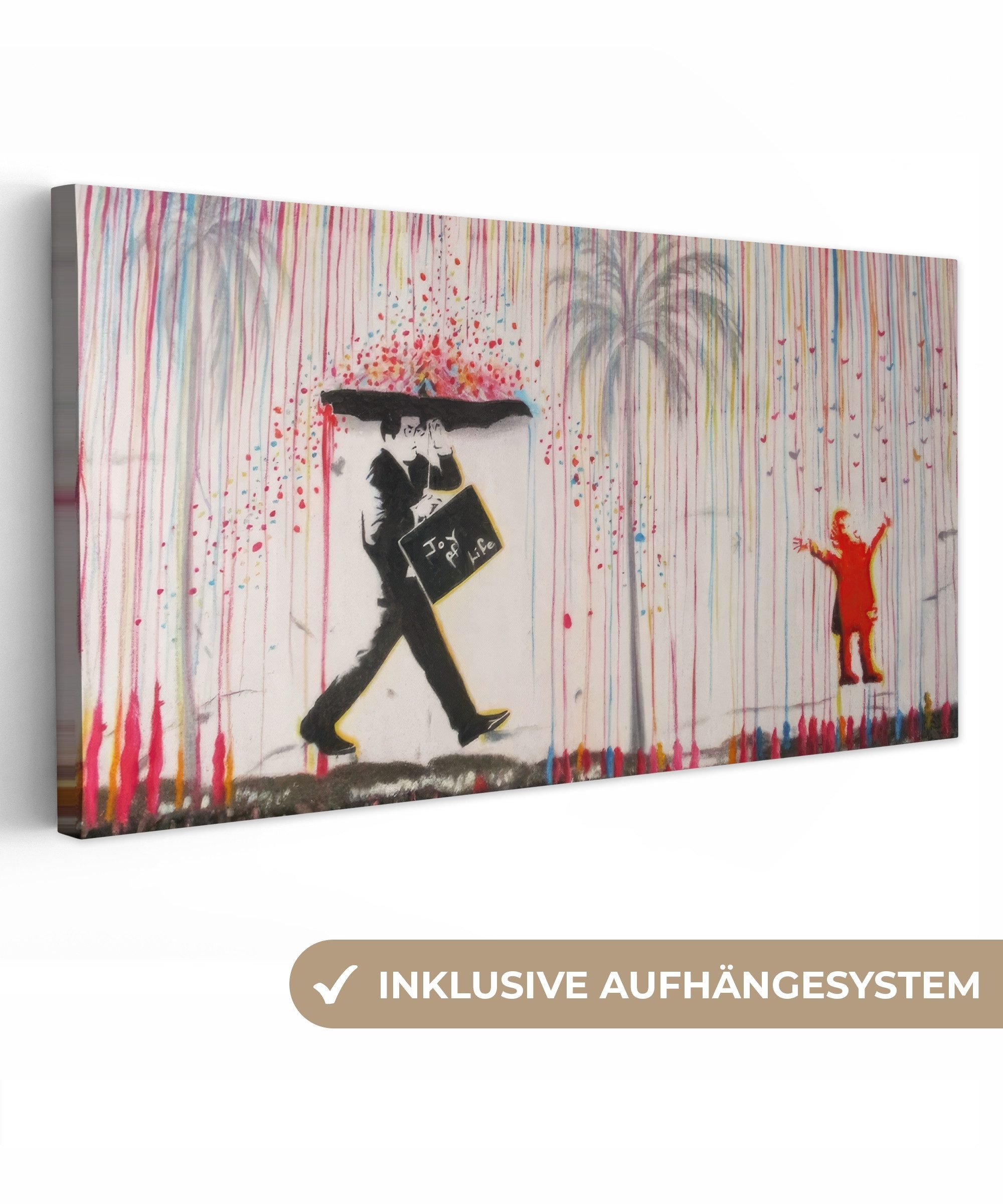 OneMillionCanvasses® Leinwandbild Panorama Regen - Graffiti - Mann - Banksy günstig online kaufen