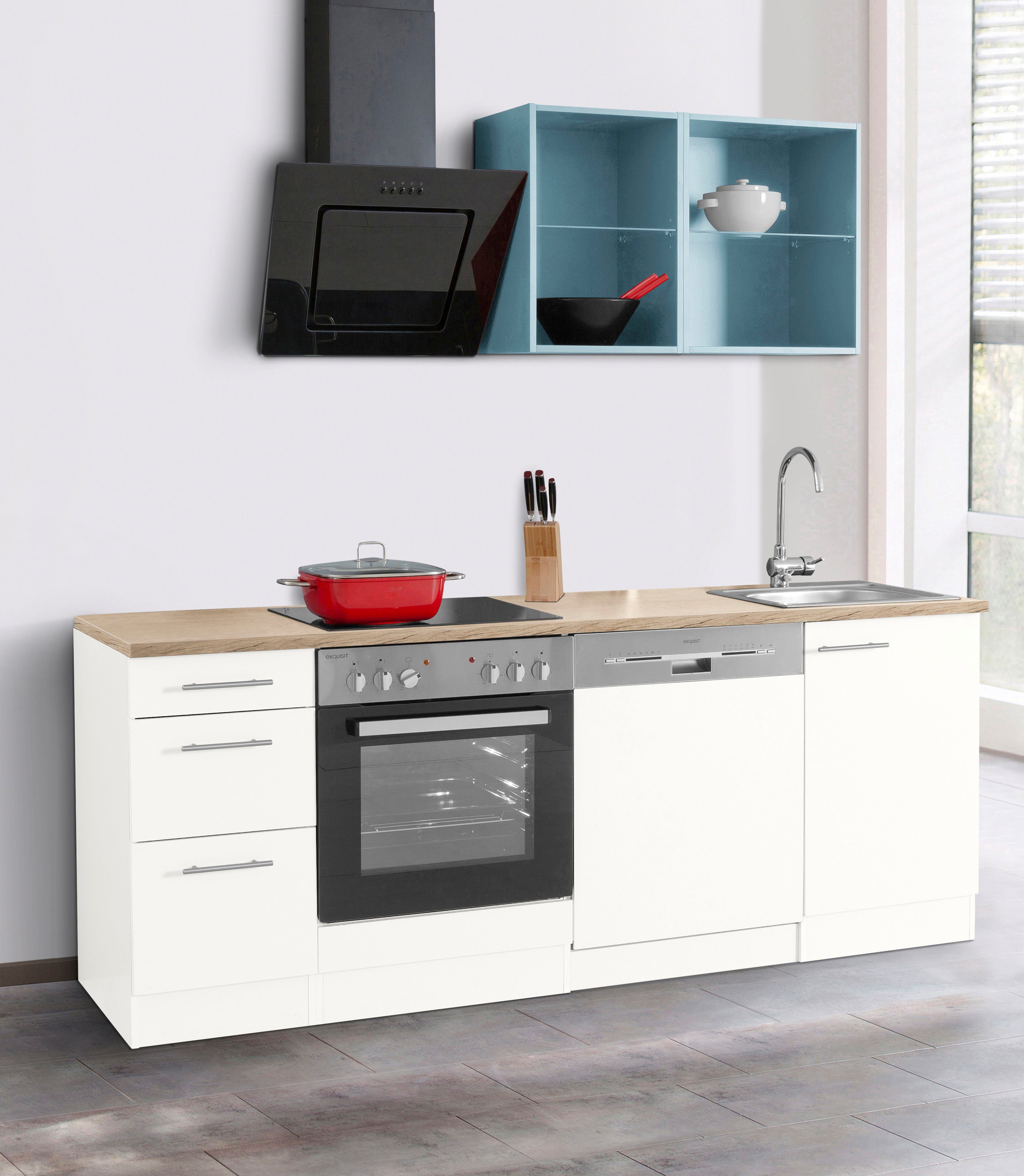 OPTIFIT Küchenzeile Mini, mit E-Geräten, Breite 210 cm, Mit 28 mm starker  Arbeitsplatte | Sockelblenden