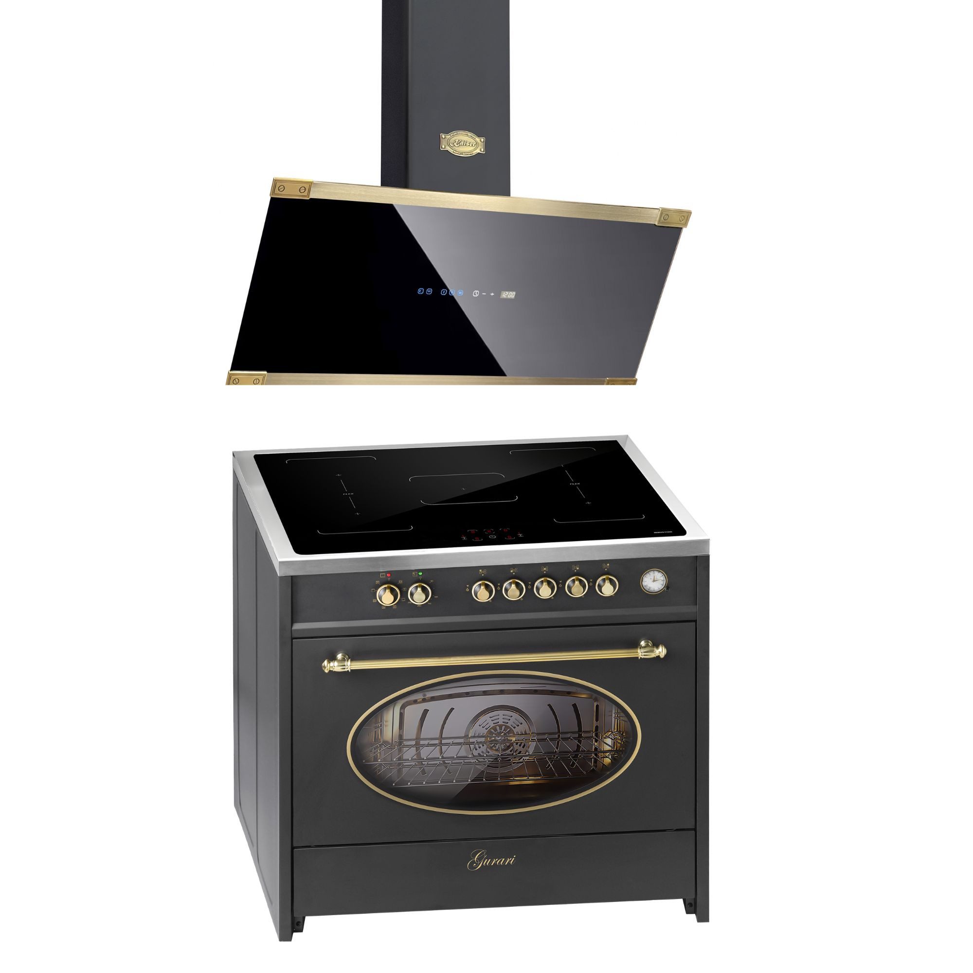GURARI Induktions Herd-Set Retro Range Cooker 90 cm, FLEX ZONEN, Booster, 5 Zonen,121L+Dunstabzugshaube 90 cm, 1250 m³/h Touch Control E 913 RU BL+AT 9445 AD, mit 1-fach-Teleskopauszug